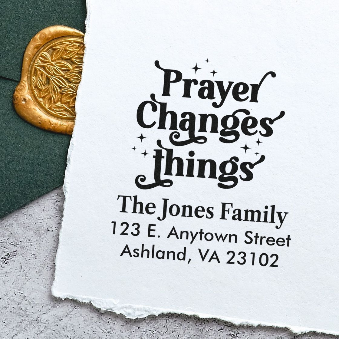 Custom rubber address stamp with Prayer Changes Things design for The Jones Family, Ashland, VA.
