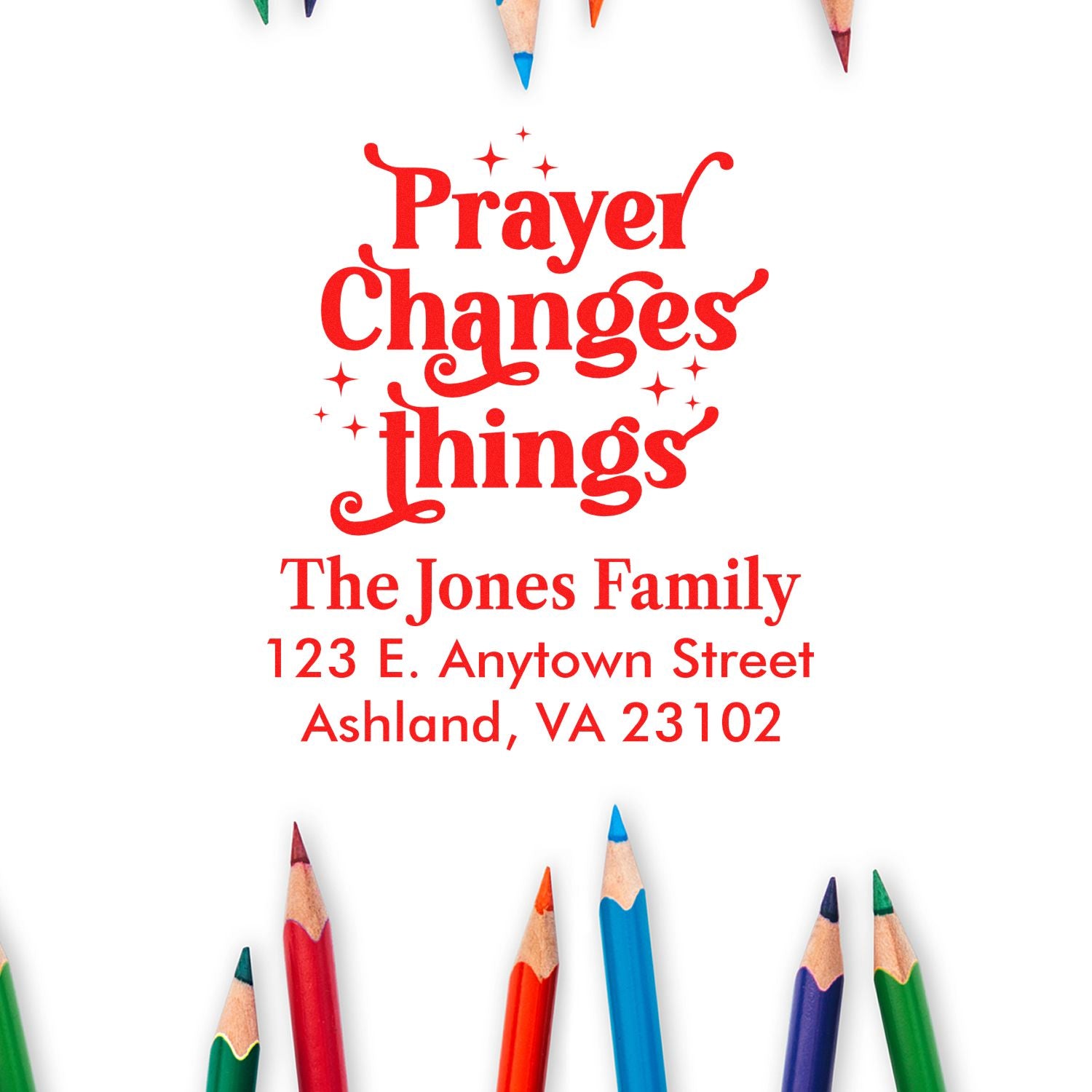 Custom return address rubber stamp with Prayer Changes Things for The Jones Family, ideal for Christian mail and crafts.