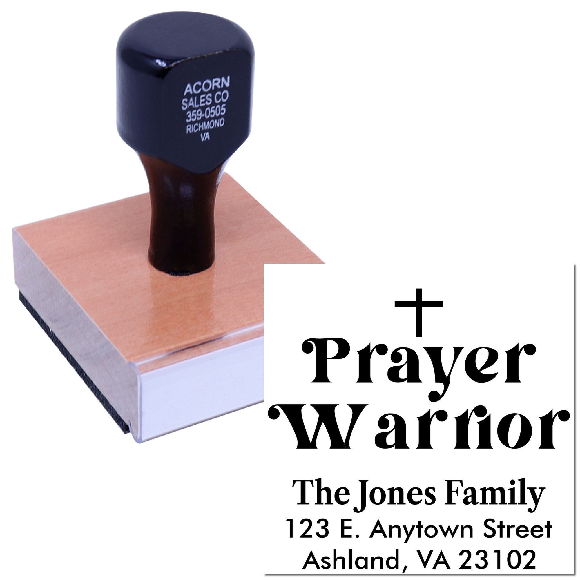 Custom rubber stamp for Prayer Warrior, featuring The Jones Family name and address for church prayer requests and mailings.