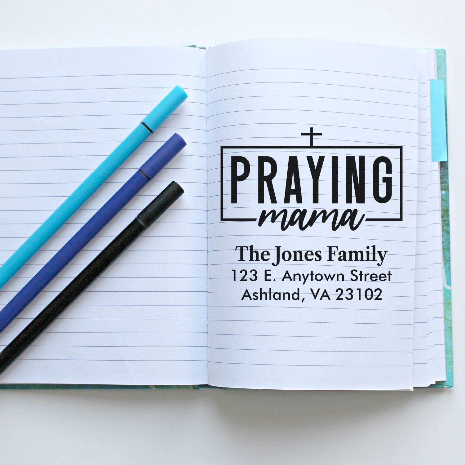 Personalized Christian rubber stamp for prayer journals with Praying Mama design, family name, and address.