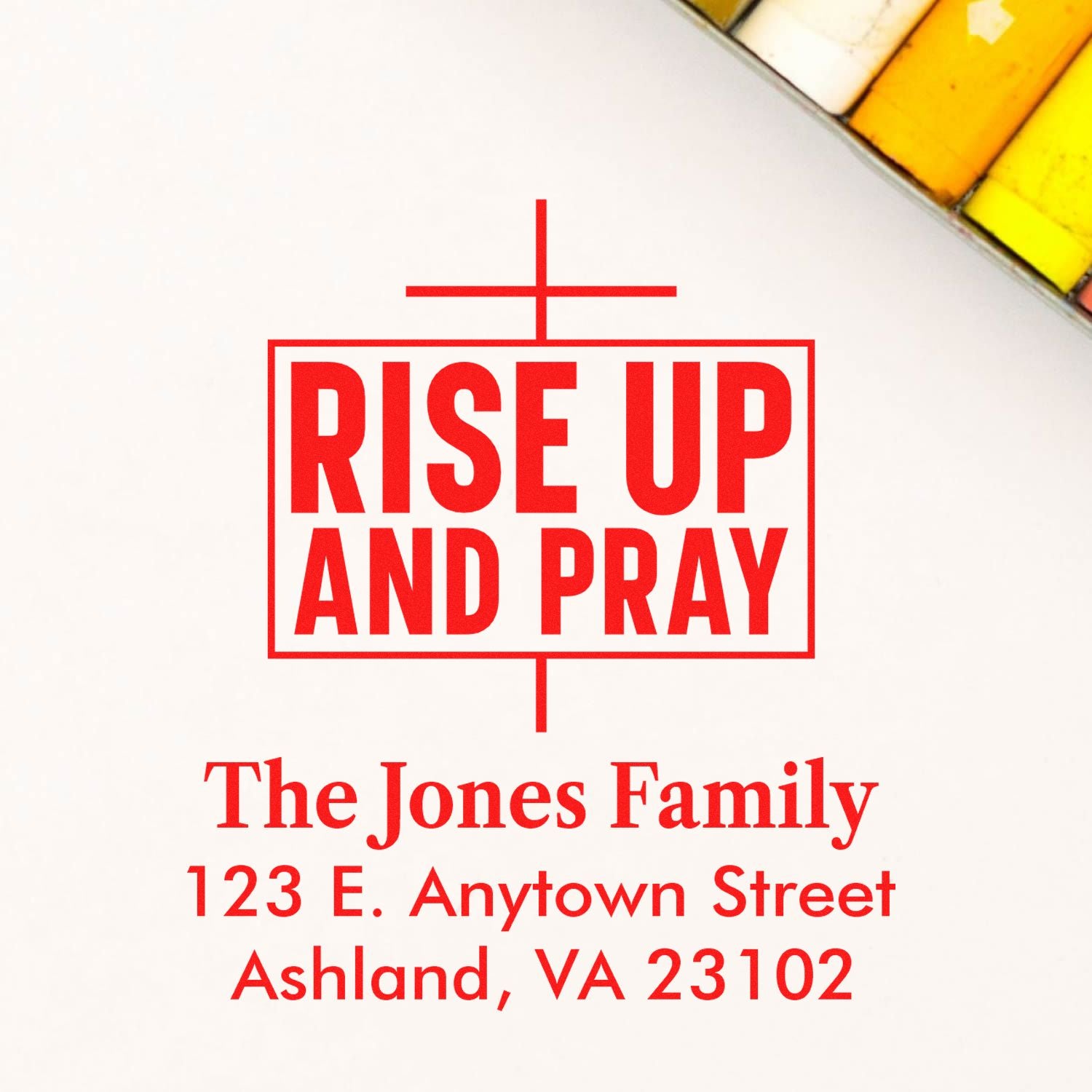 Christian return address rubber stamp with Rise Up and Pray and family mailing details for envelopes.