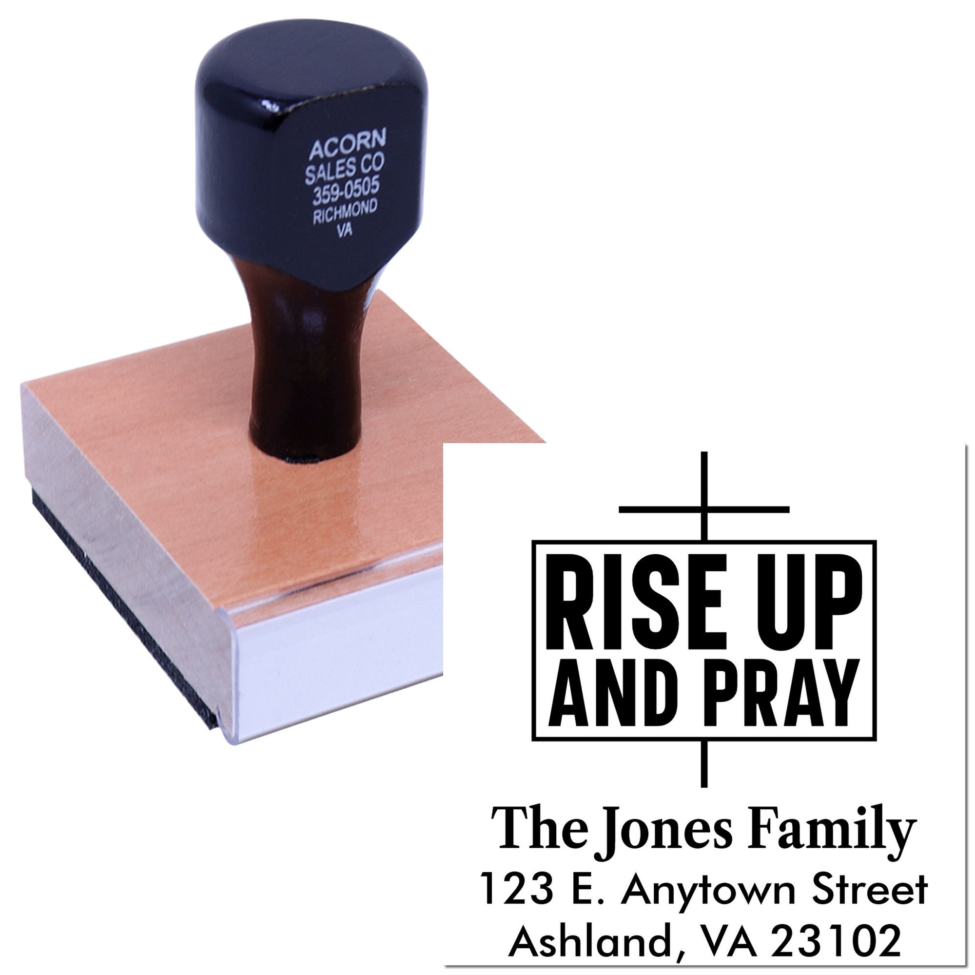 Custom rubber return address stamp with Rise Up and Pray design for The Jones Family, Ashland, VA.