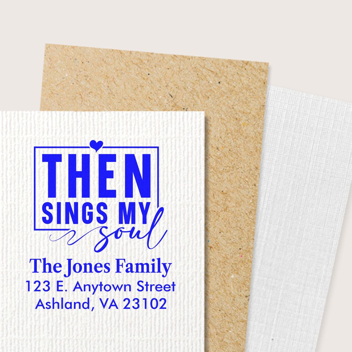 Custom return address rubber stamp with Then Sings My Soul family name and address for Christian stationery.