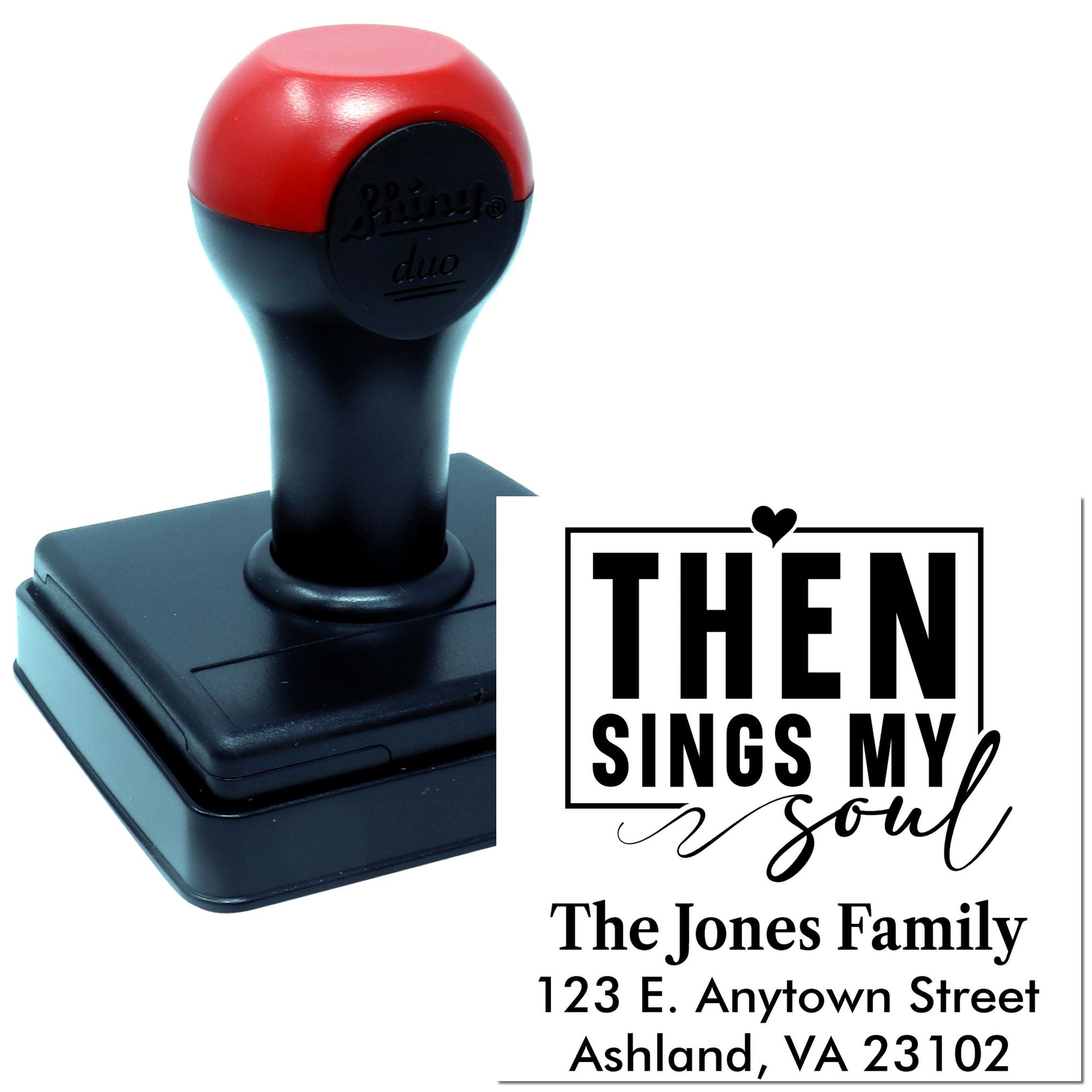 Custom self-inking rubber stamp with Then Sings My Soul, The Jones Family name, and address for mailing and crafting.