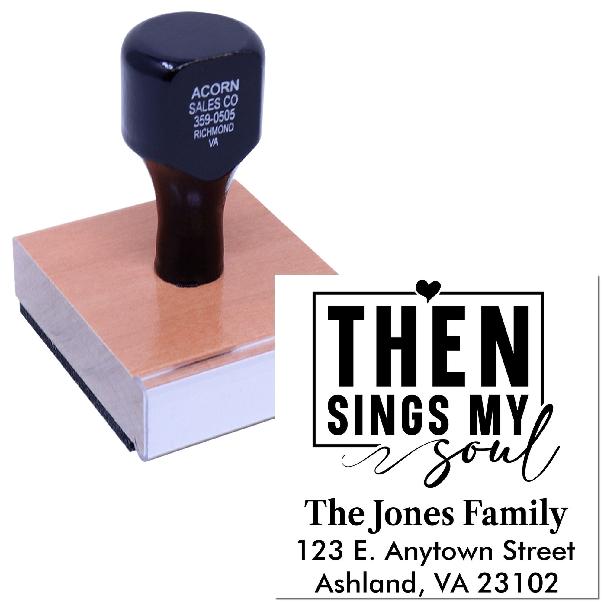 Custom rubber stamp with inspirational Then Sings My Soul design, personalized family name, and return address.