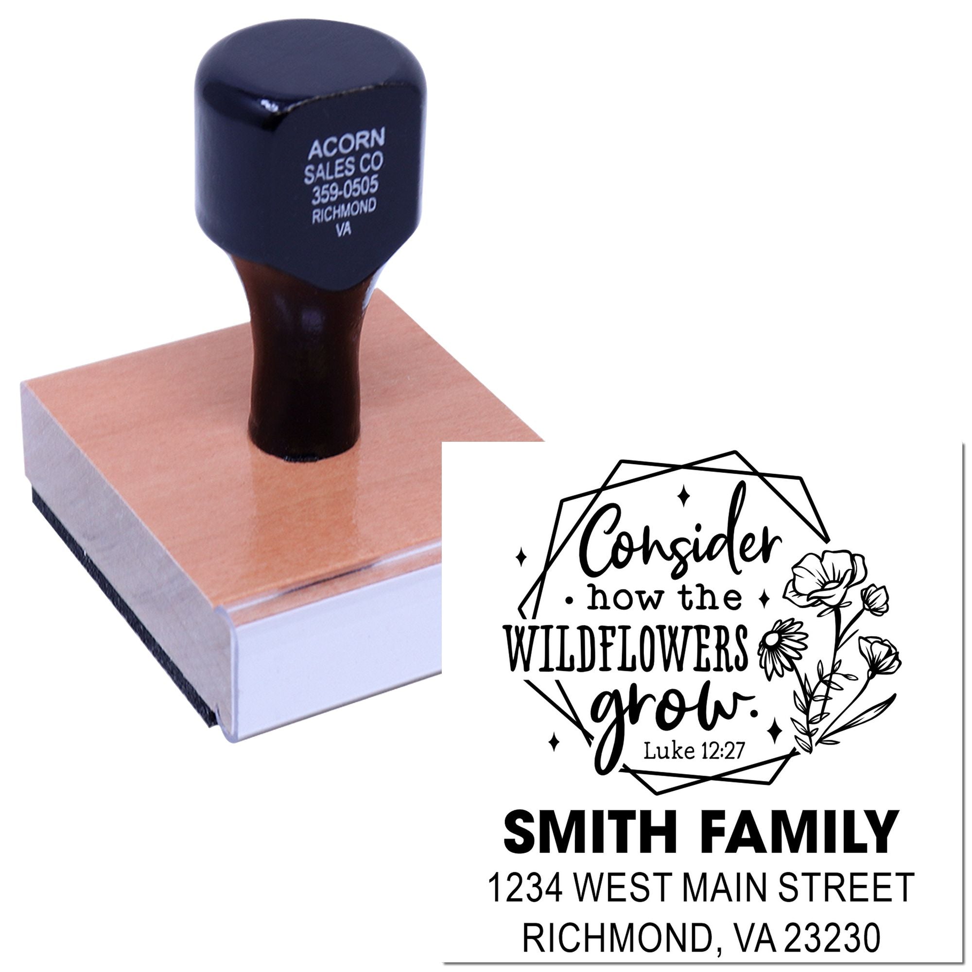 Custom address rubber stamp with wildflower quote and family return address for personalized mailing and handmade cards
