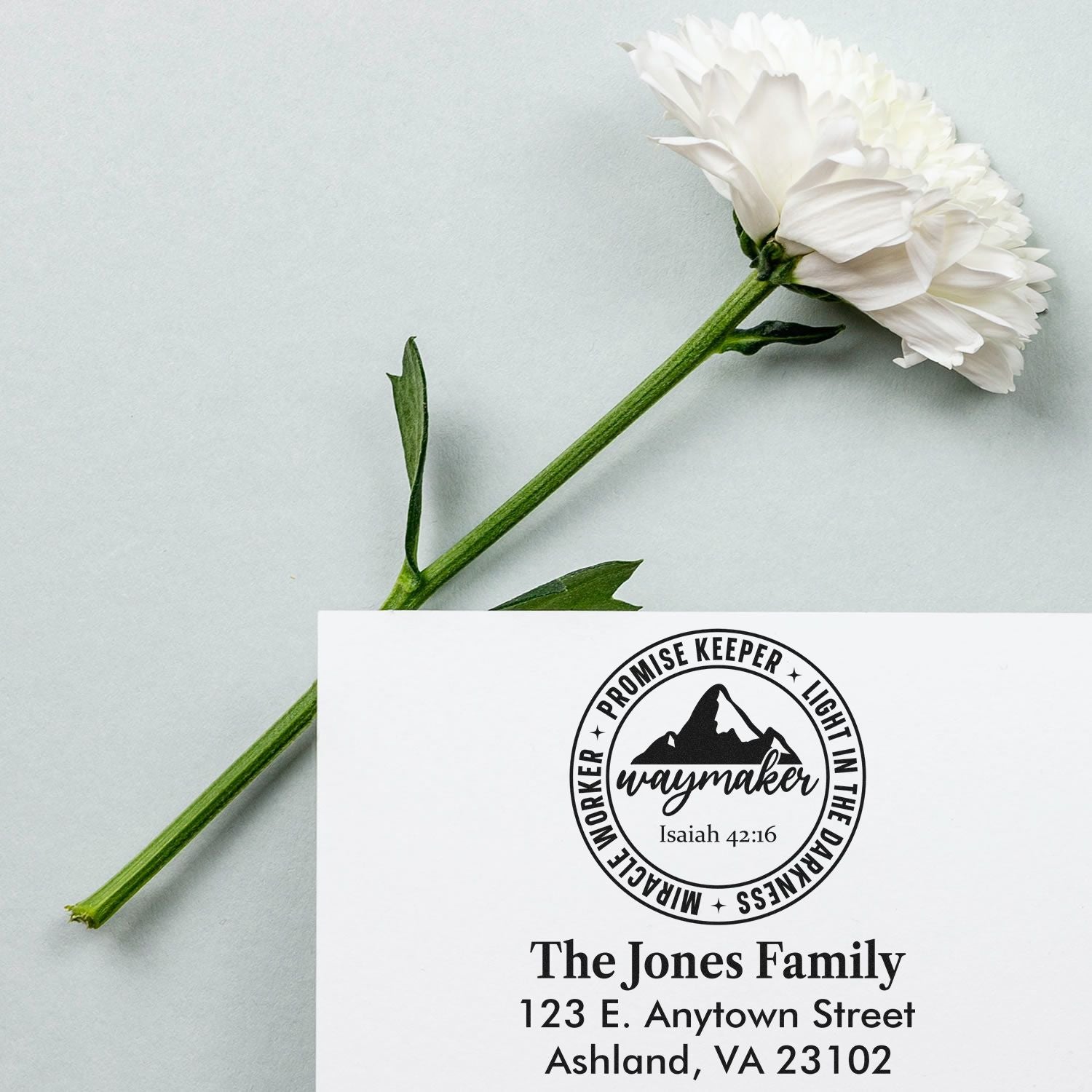 Custom faith-based return address rubber stamp with Waymaker design for The Jones Family address label.
