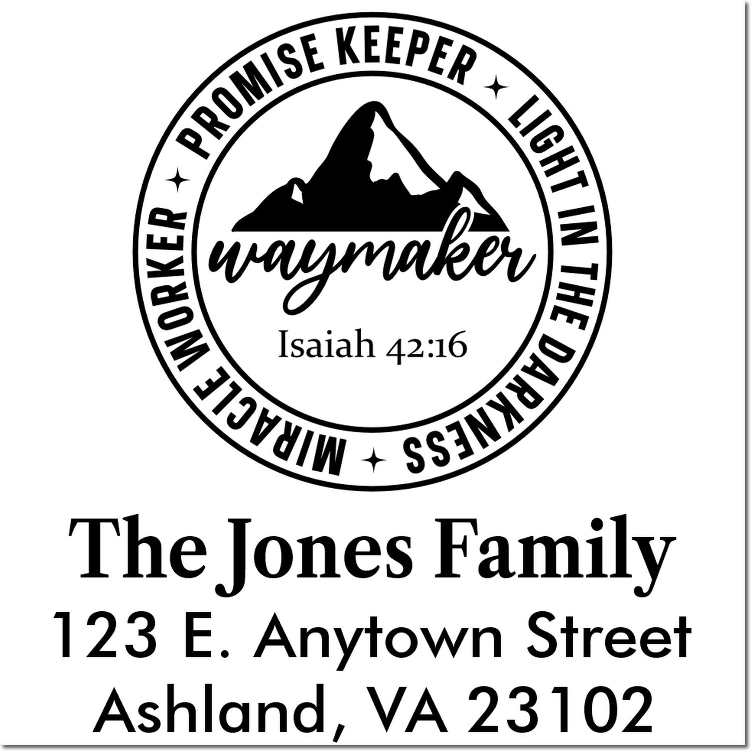 Custom Christian return address rubber stamp with Isaiah 42:16 waymaker design for The Jones Family, Ashland, VA 23102