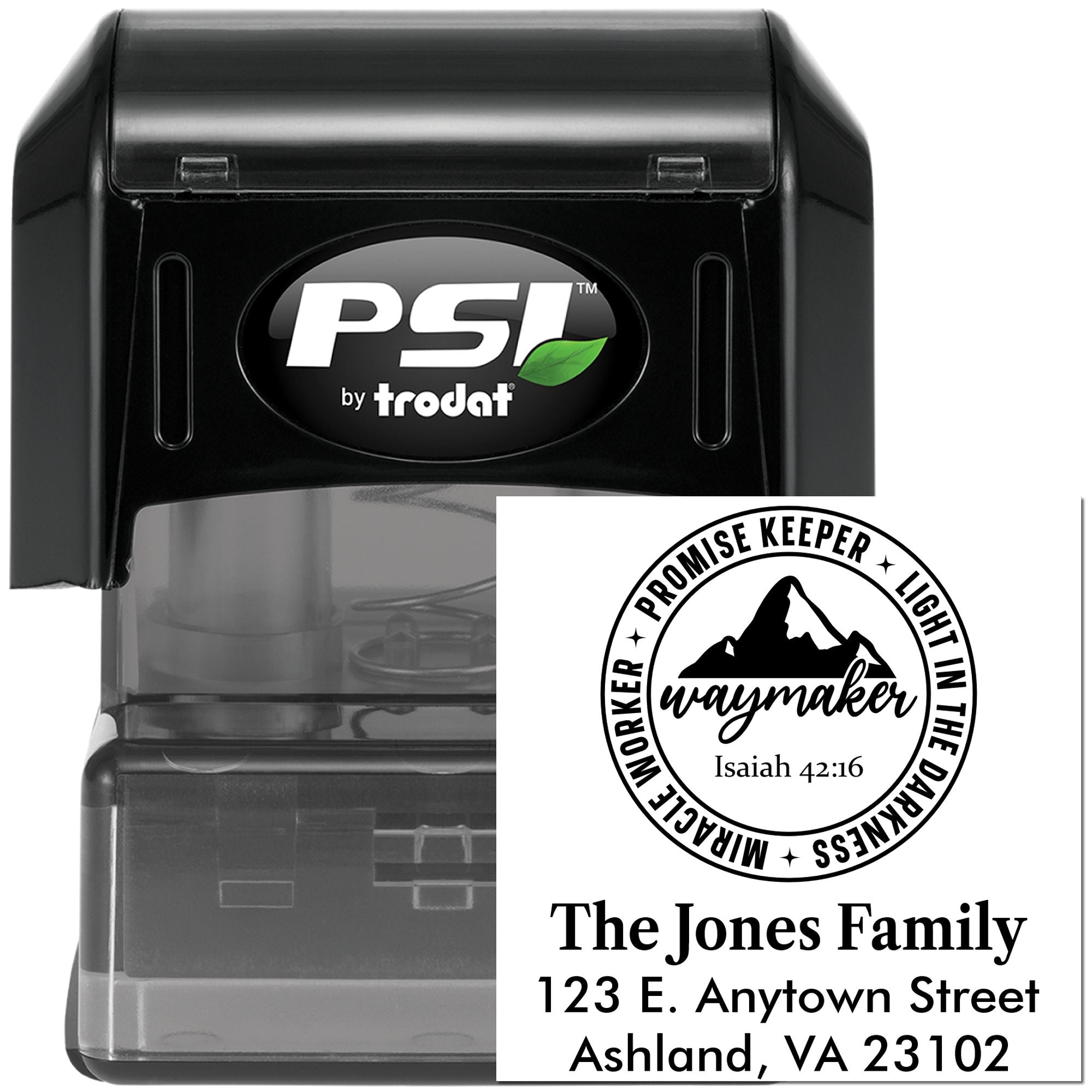 Custom self-inking rubber stamp with PSI by Trodat, featuring a Waymaker Christian address design for The Jones Family.