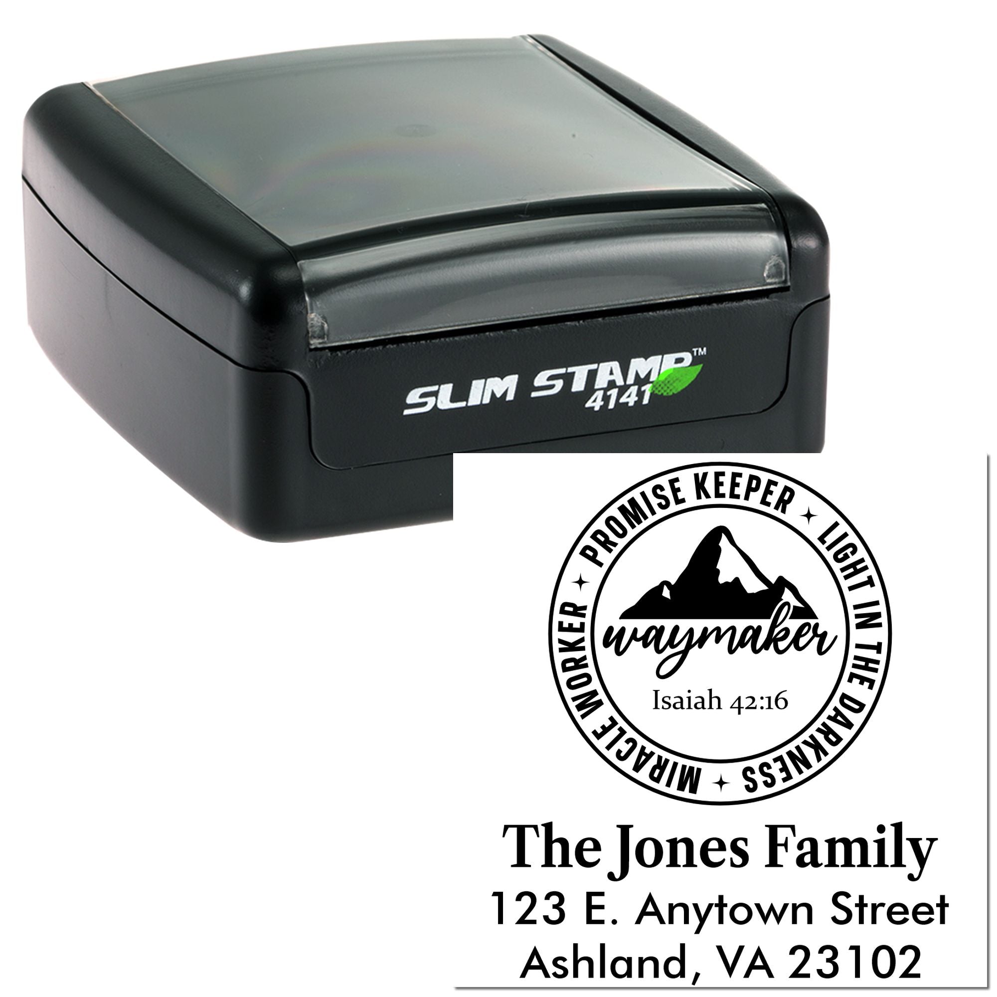 Custom Christian family address stamp featuring Waymaker design and return address preview with Slim Stamp 4141 self-inking stamp.