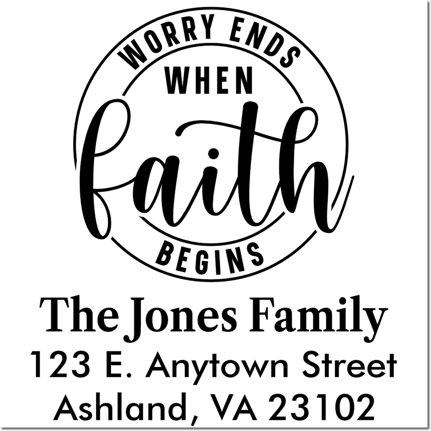 Custom rubber address stamp with faith quote, The Jones Family name, and Ashland, VA return address for mailing.