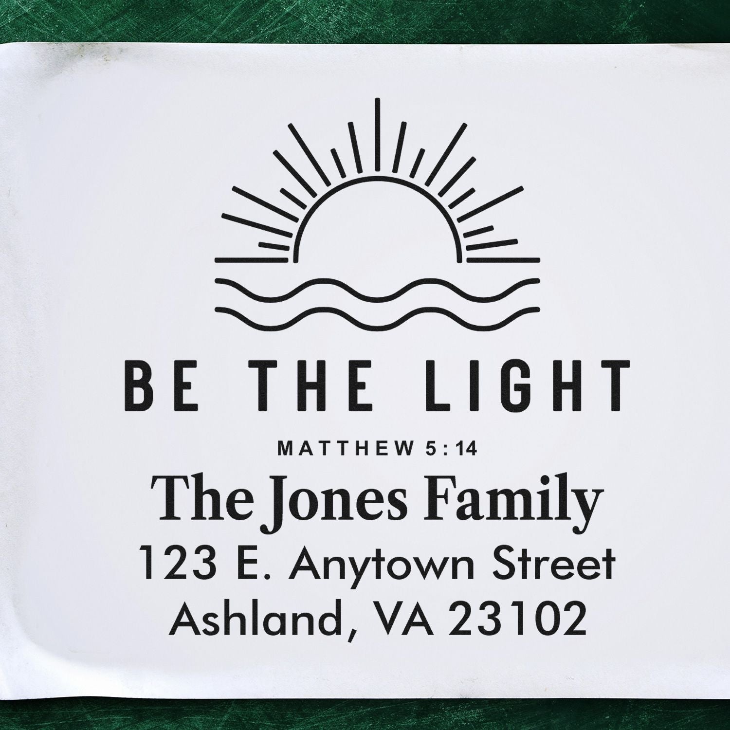 Custom Christian rubber address stamp with Be the Light Matthew 5:14, The Jones Family name, and mailing address.