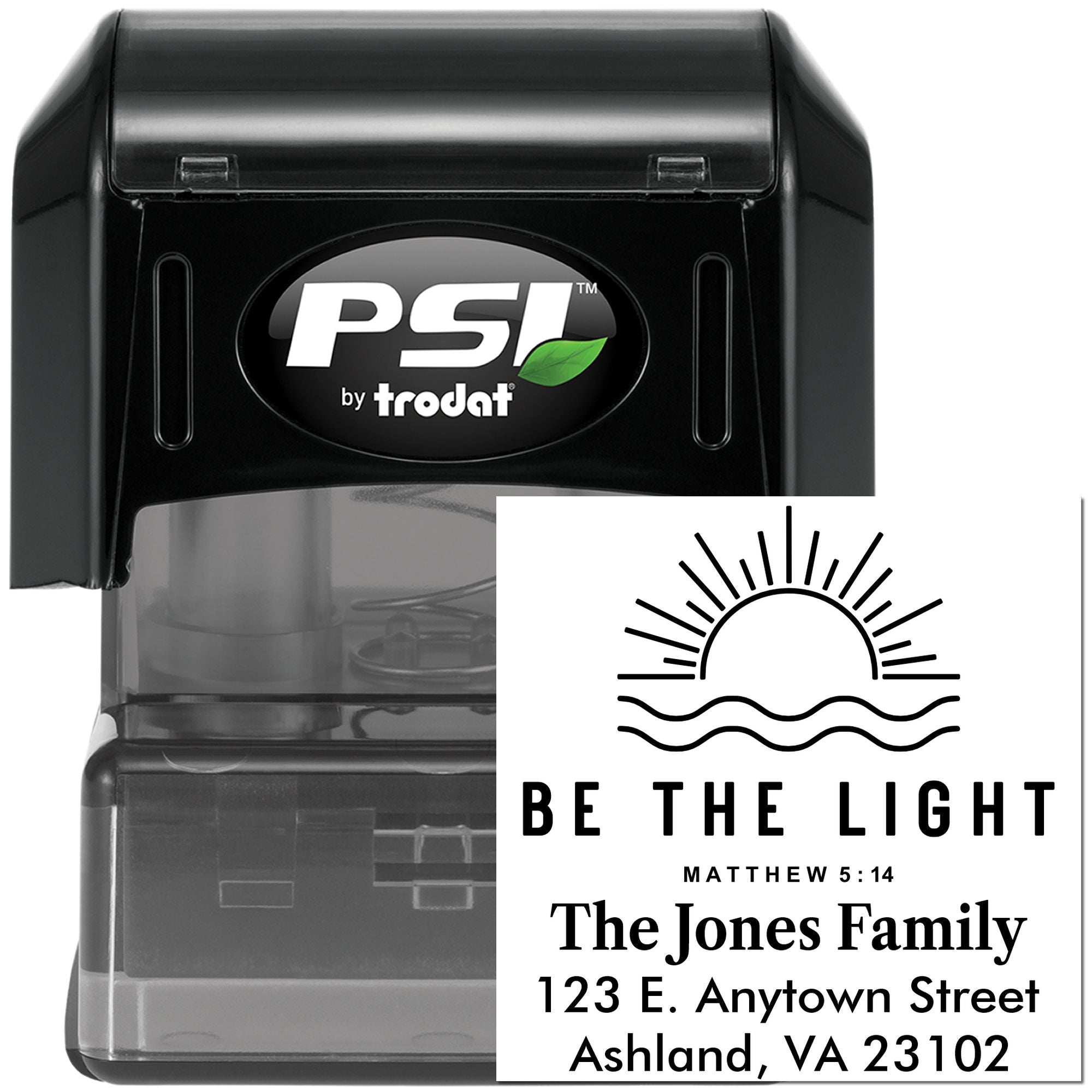 PSI by Trodat self-inking rubber stamp with custom Christian return address design, Be the Light Matthew 5:14 imprint.