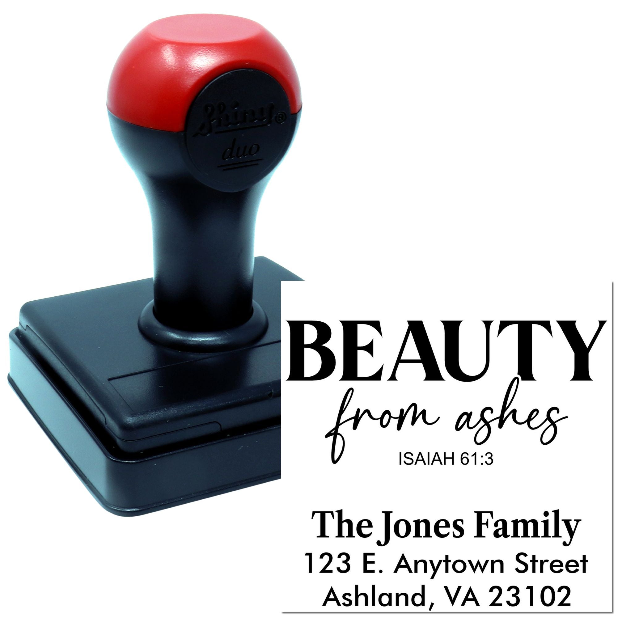 Custom personalized rubber stamp for Christian memorial stationery, featuring Beauty from Ashes and Isaiah 61:3.