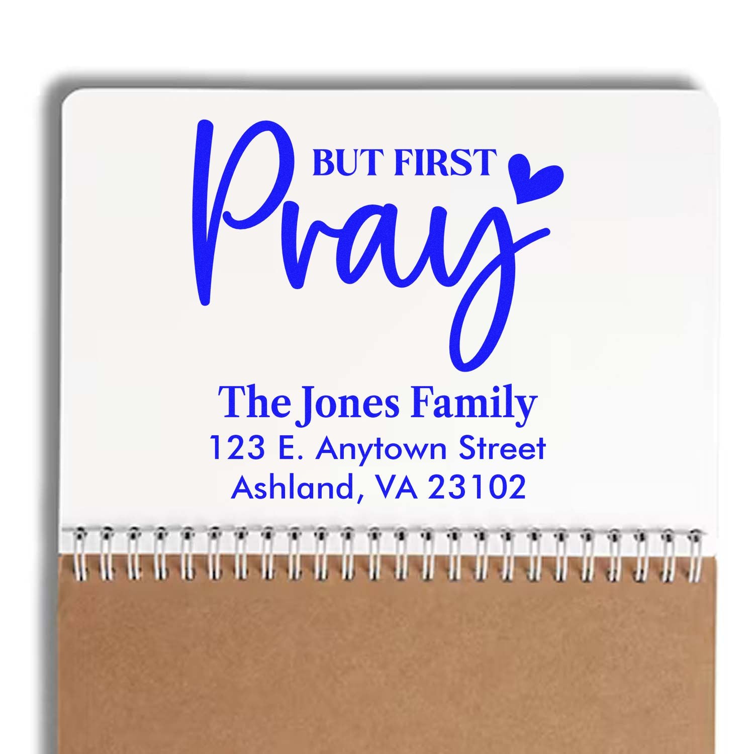 Custom rubber stamp design reading But First Pray with The Jones Family return address, ideal for faith-based mailing.