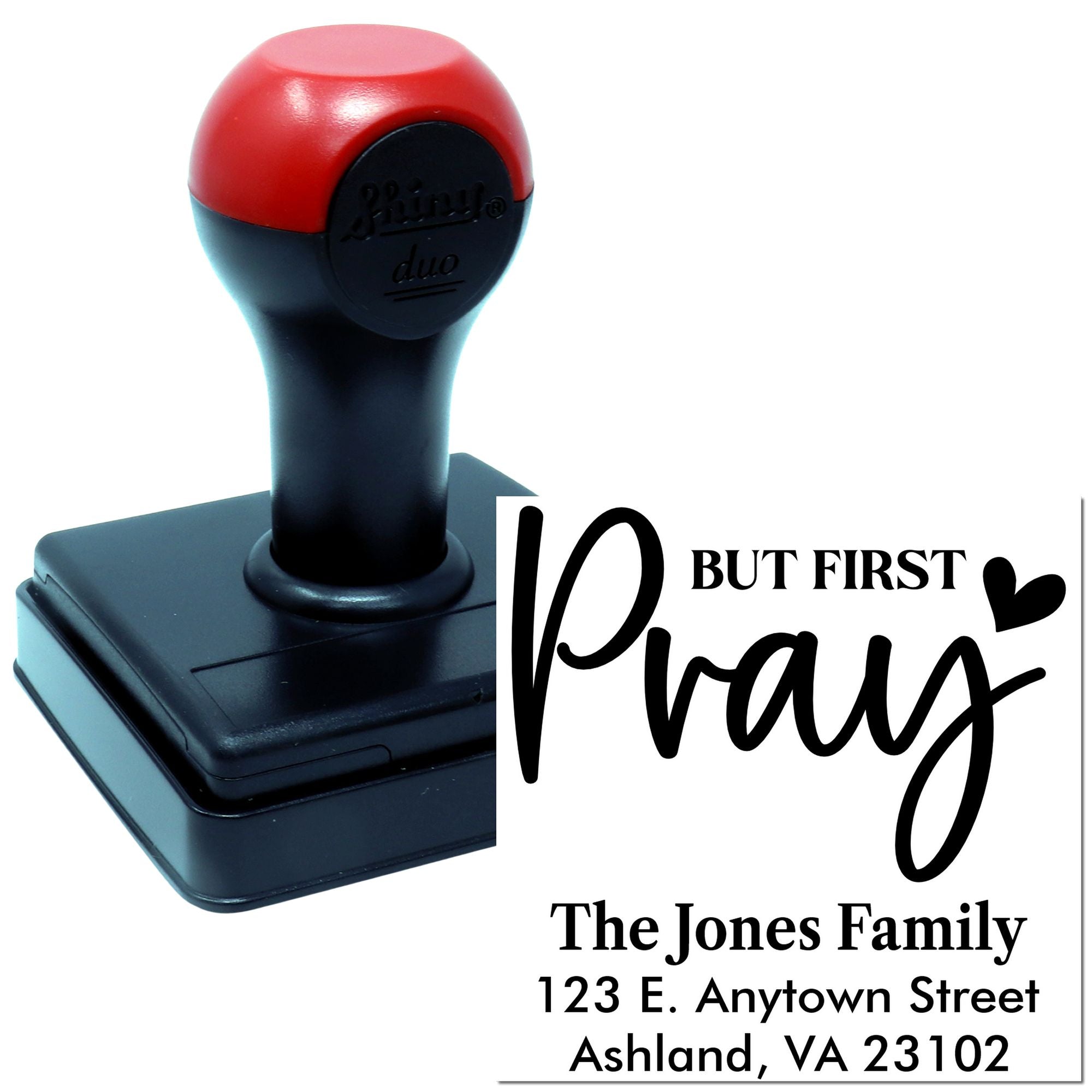 Custom return address rubber stamp with But First Pray design, family name, and mailing address for faith-based correspondence.