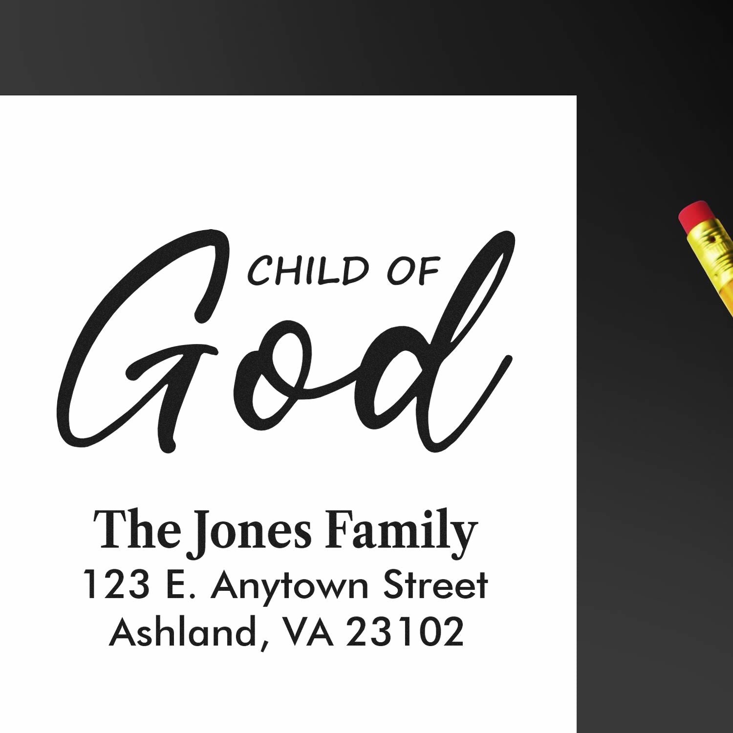 Personalized return address rubber stamp with Child of God design, family name, and mailing address.