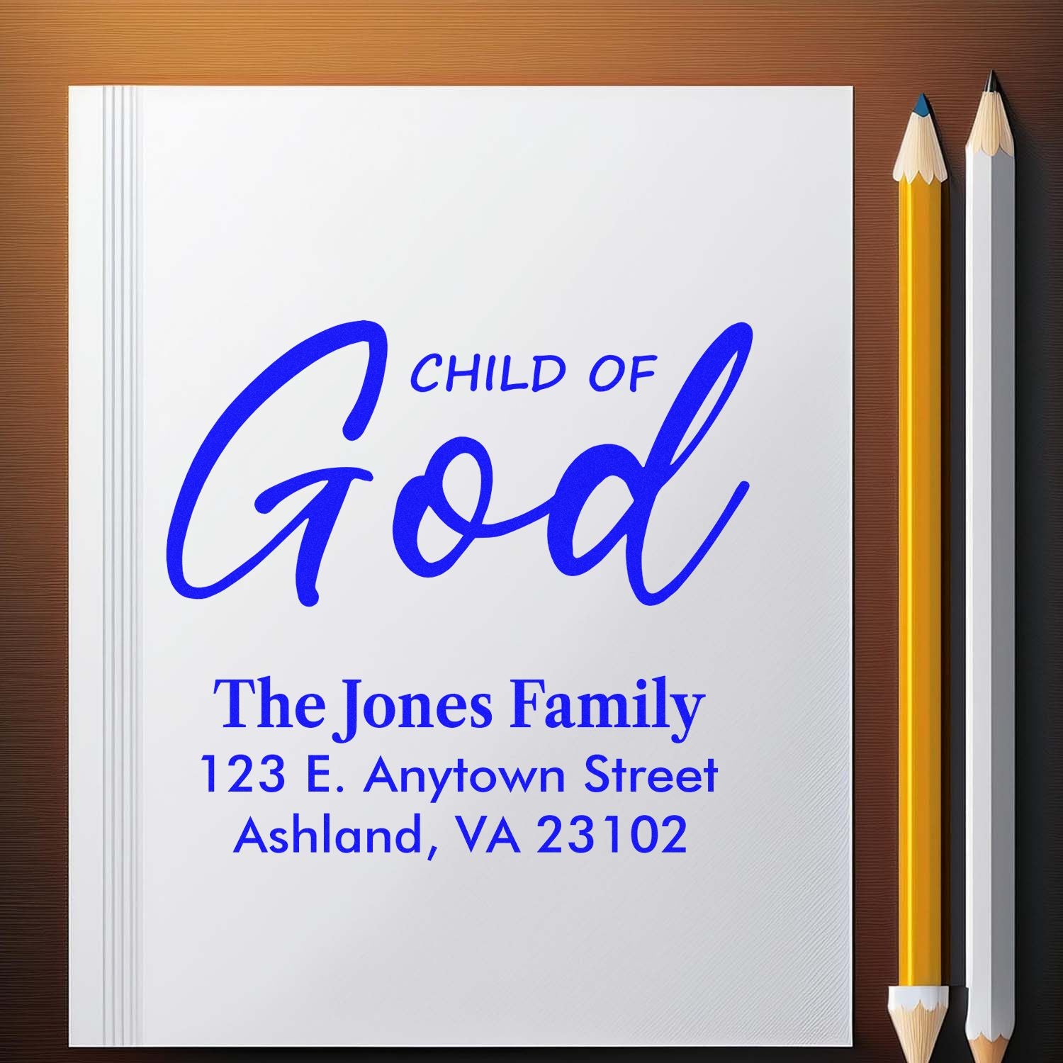 Custom Christian rubber stamp design with "Child of God" and The Jones Family address for personalized stationery and mailing.