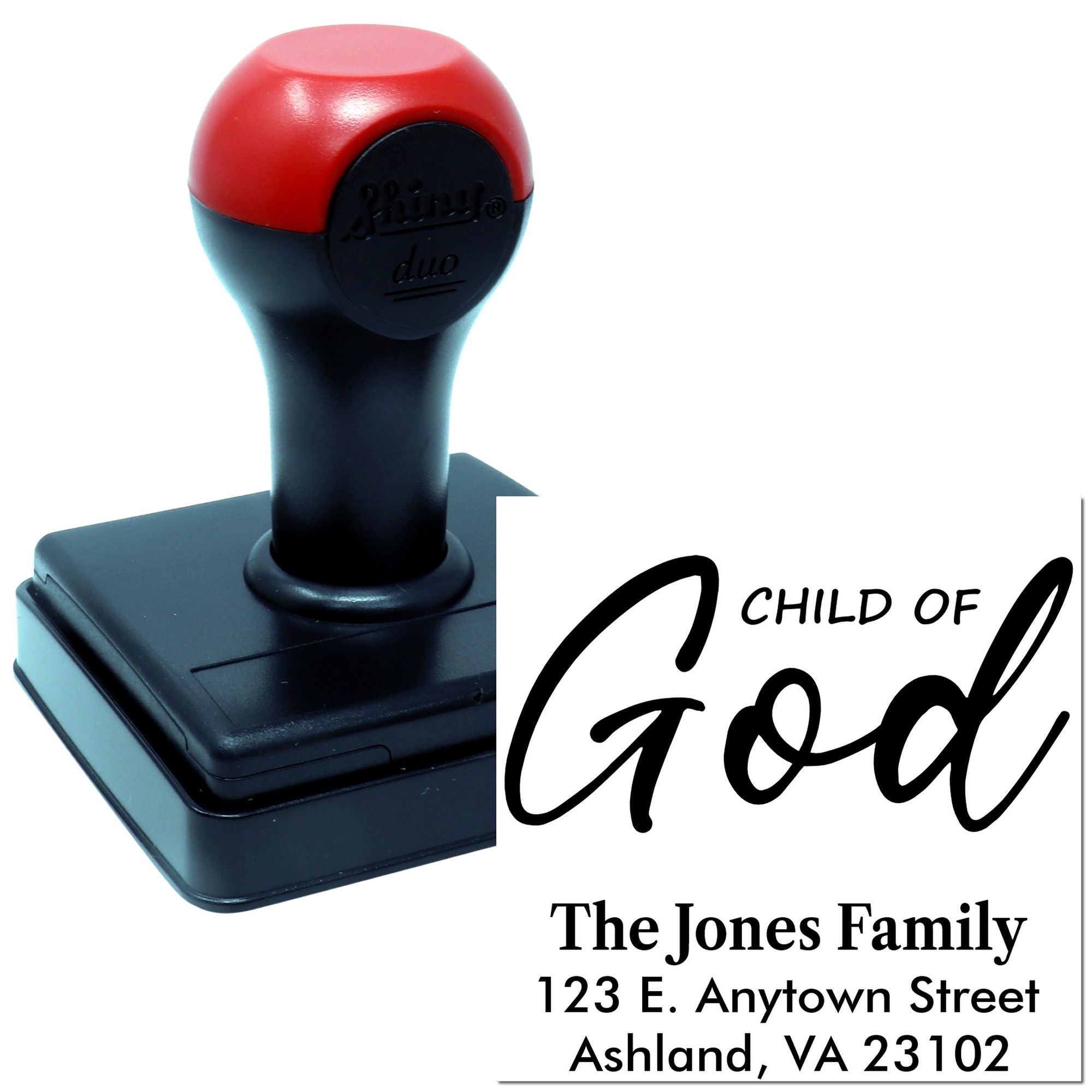 Custom self-inking rubber stamp with Child of God text and family address for personalized mailing use