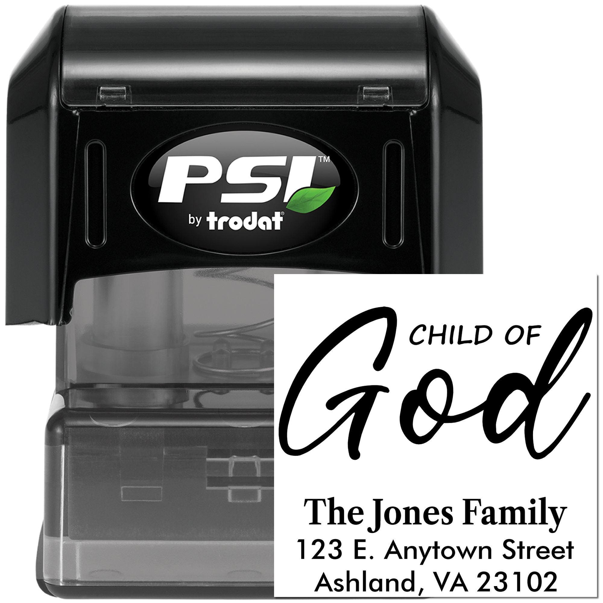 PSI by Trodat self-inking rubber stamp with custom Child of God family address imprint for personalized mailing.