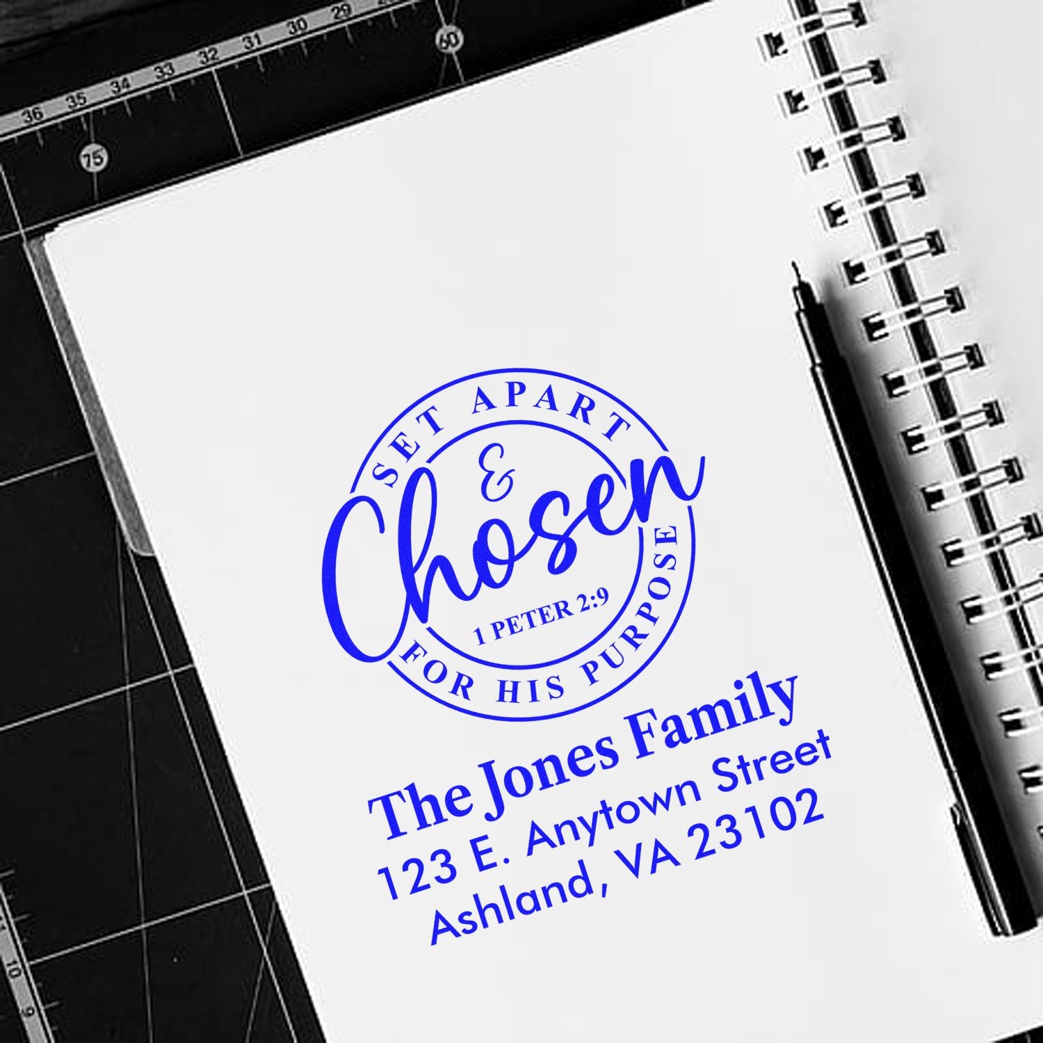 Personalized Christian rubber stamp with Set Apart & Chosen for His Purpose and return address for family mailing.