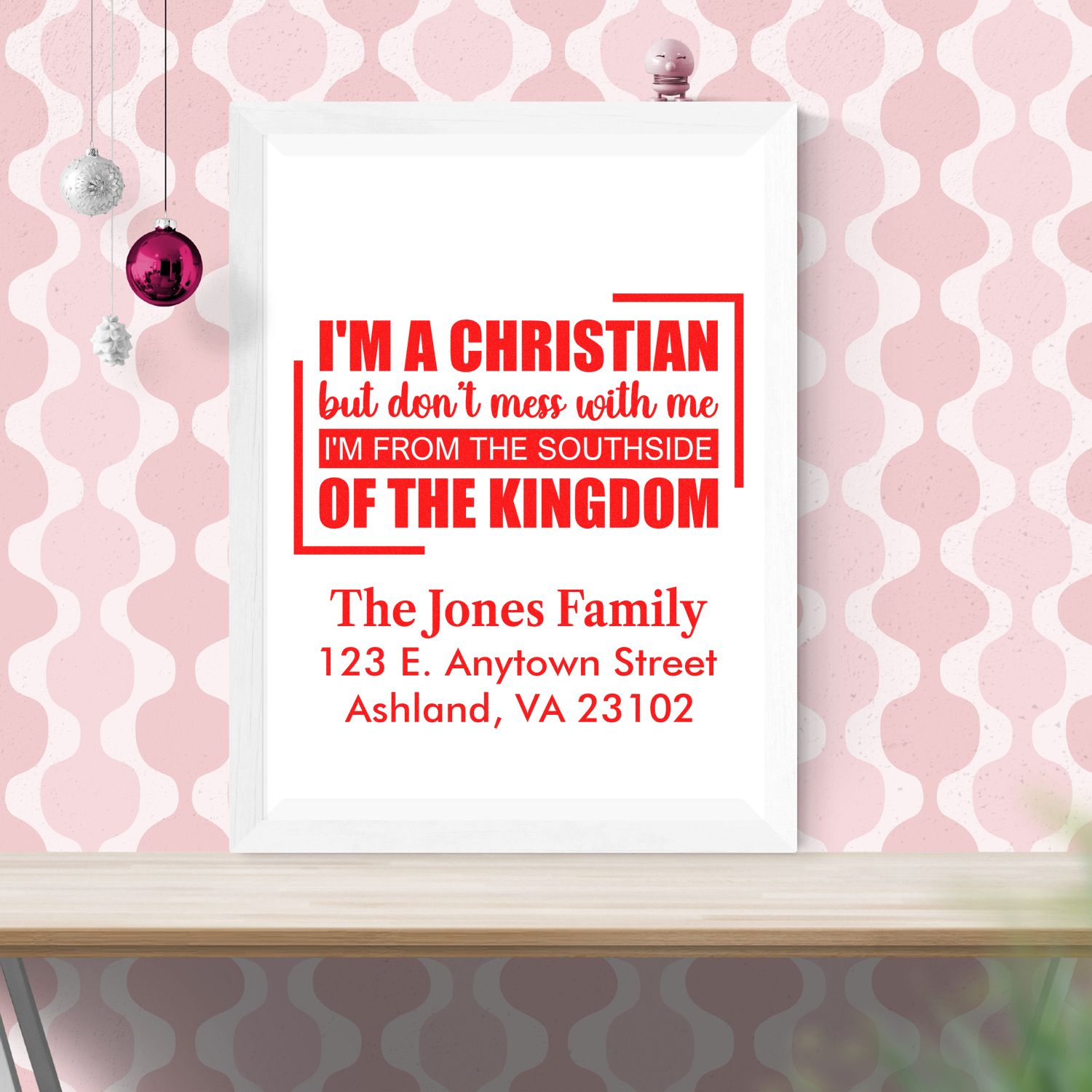 Personalized Christian return address rubber stamp with bold quote for The Jones Family, Ashland, VA.