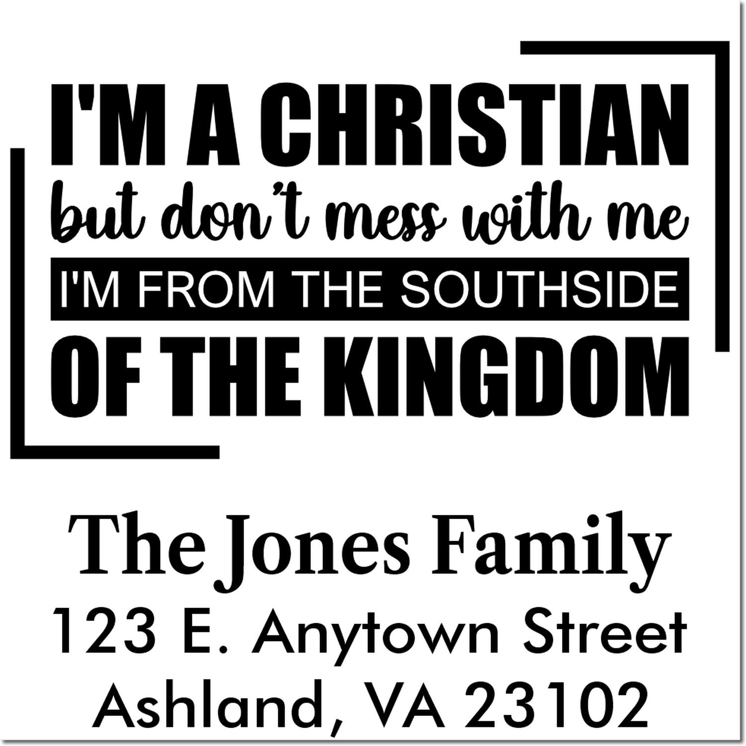 Personalized Christian rubber stamp with bold quote, The Jones Family name, and Ashland, VA return address.