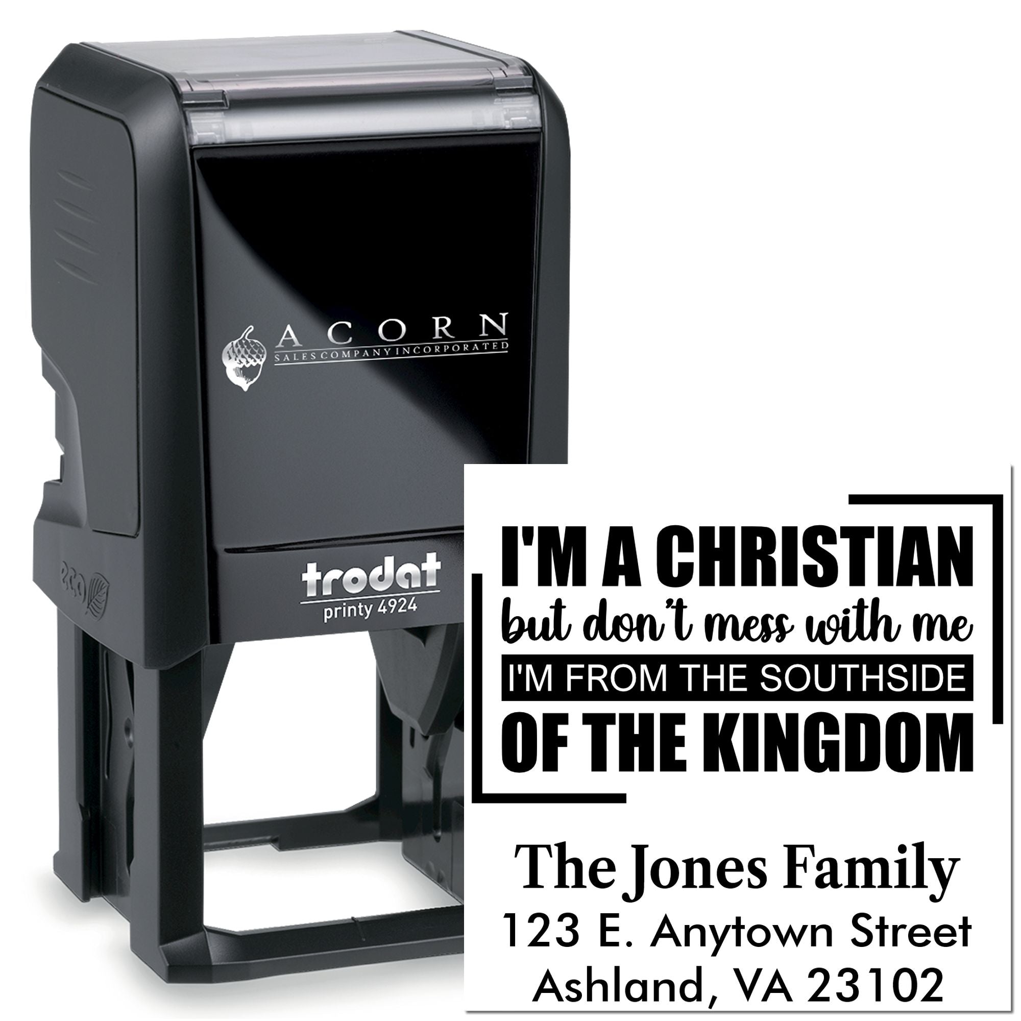 Personalized self-inking rubber stamp with Christian quote and family return address, Trodat Printy 4924