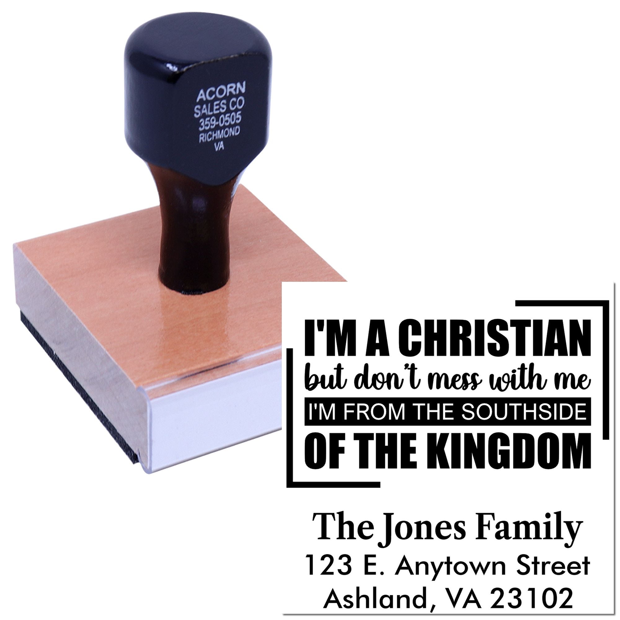 Personalized Christian rubber stamp with family name and address, featuring Im a Christian Southside of the Kingdom text.