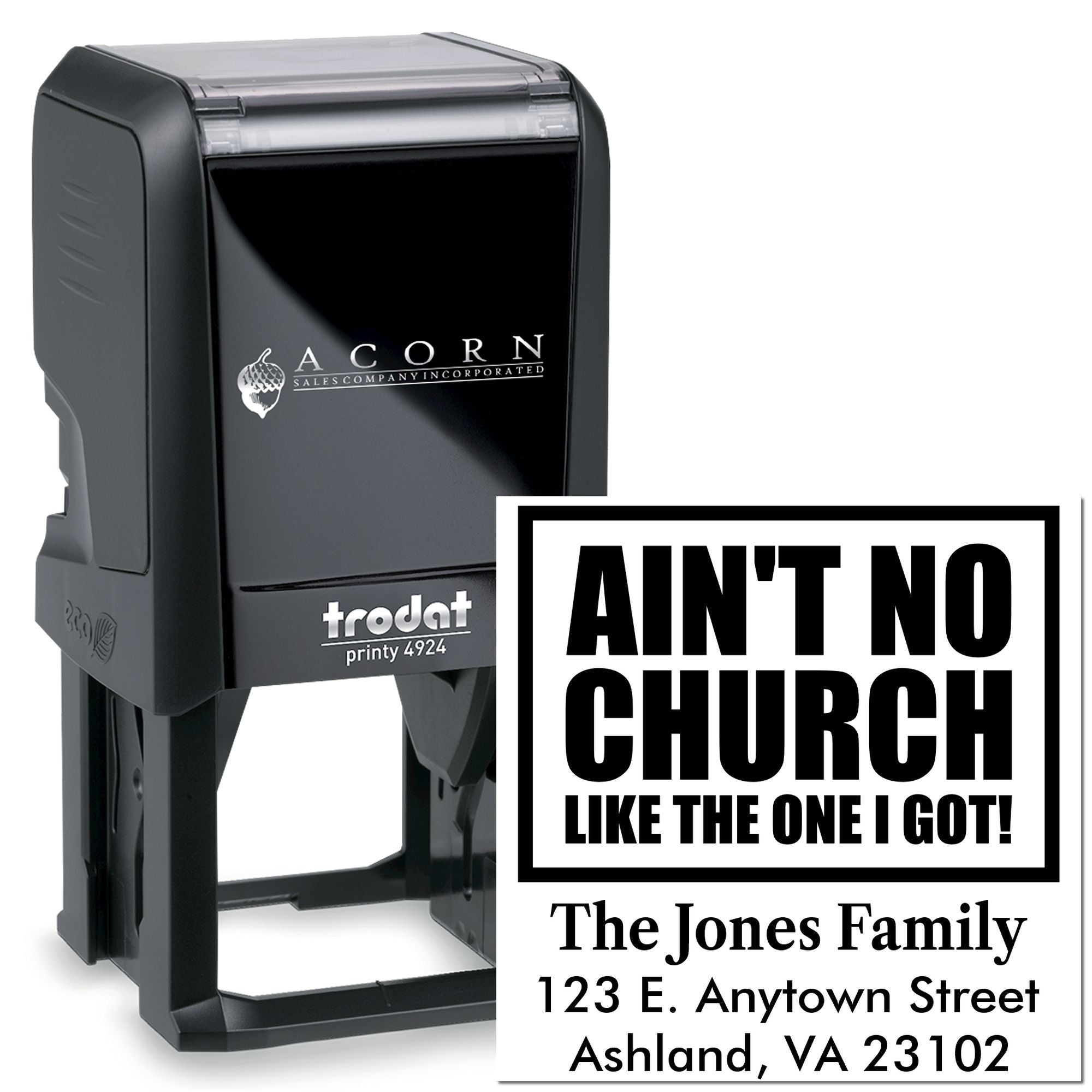 Custom self-inking rubber stamp showing church message and return address for personalized mailing