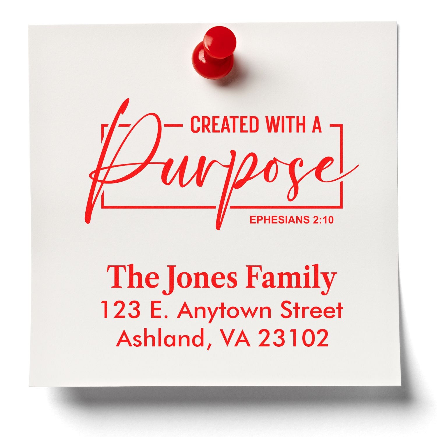 Personalized custom rubber stamp with Created with a Purpose scripture design and family address in red ink.