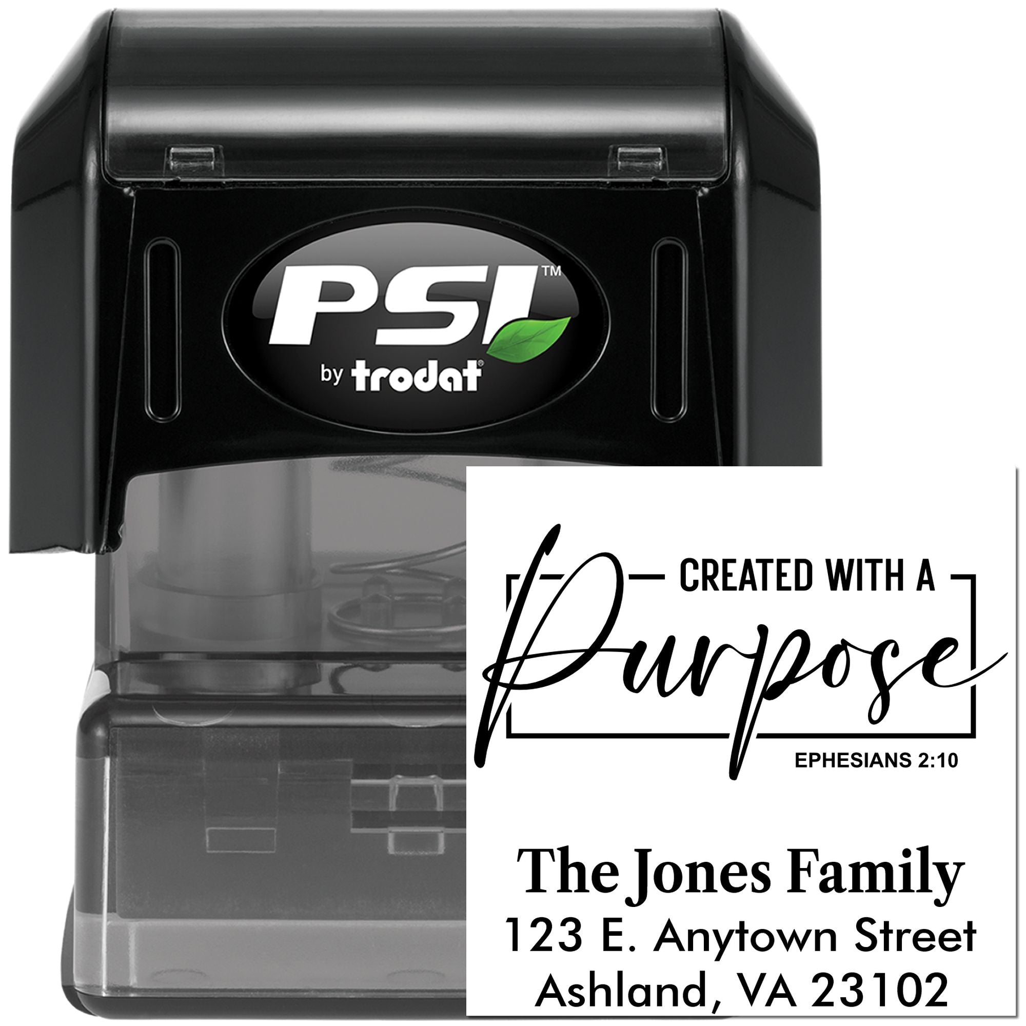 PSI by Trodat self-inking rubber stamp with custom Created with a Purpose return address design for personalized stamping