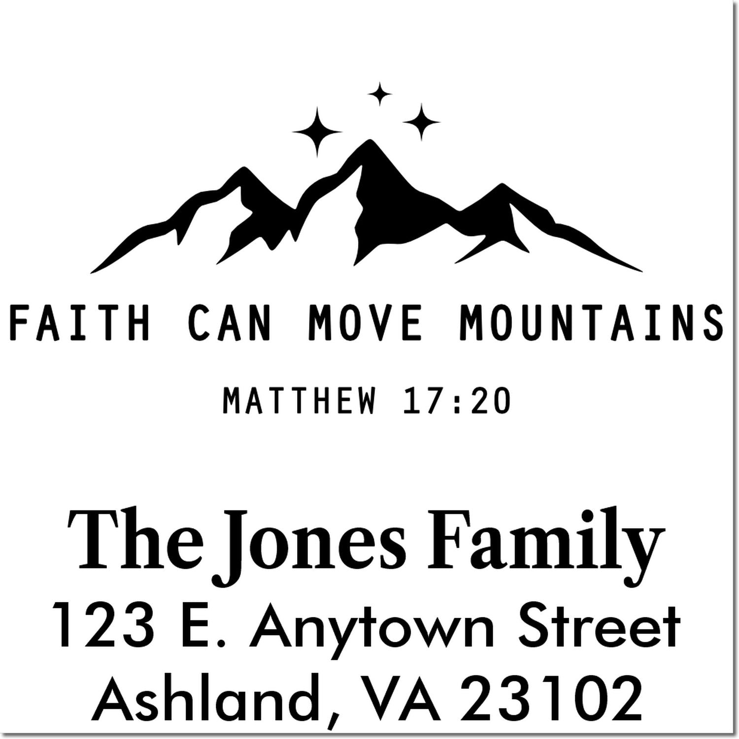 Custom personalized address stamp with mountain faith design, Matthew 17:20, and The Jones Family return address.
