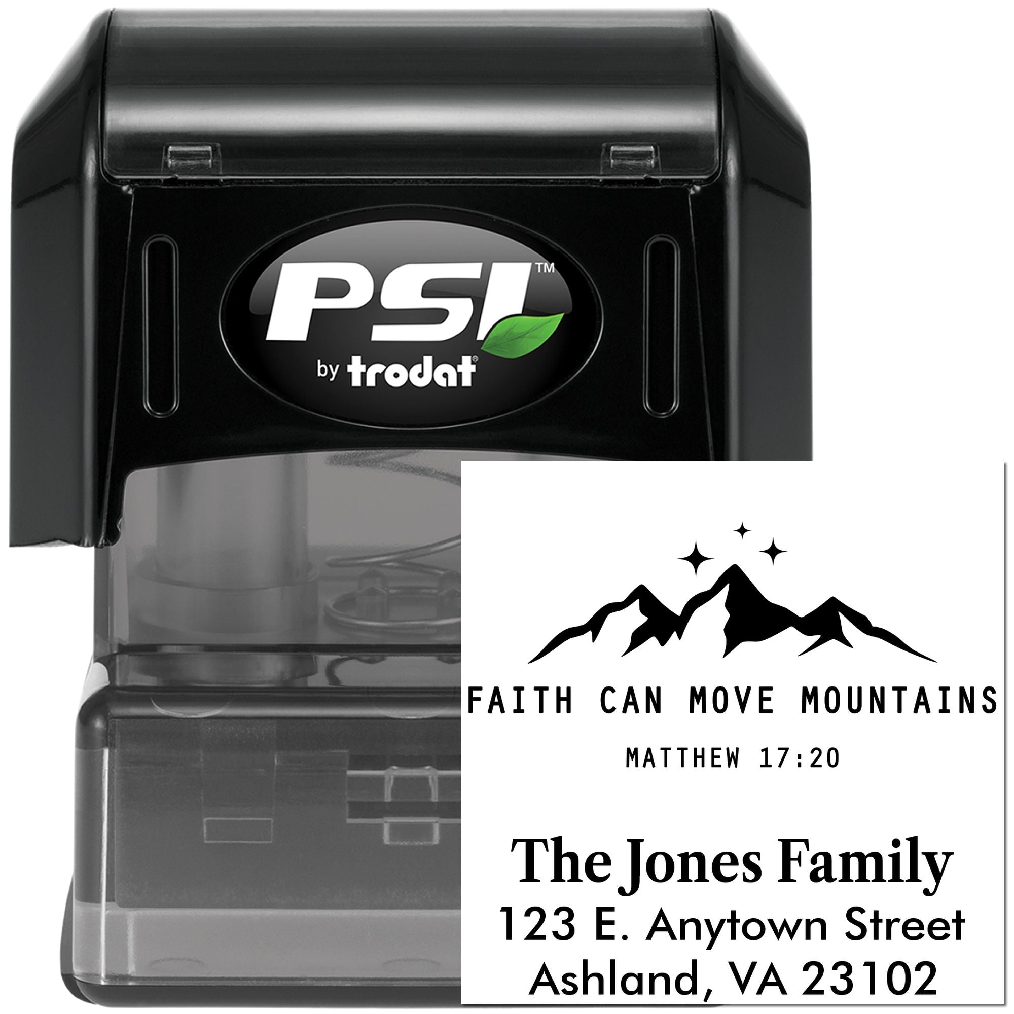 PSI by Trodat custom self-inking rubber stamp with mountain faith design and return address for personalized mailing.