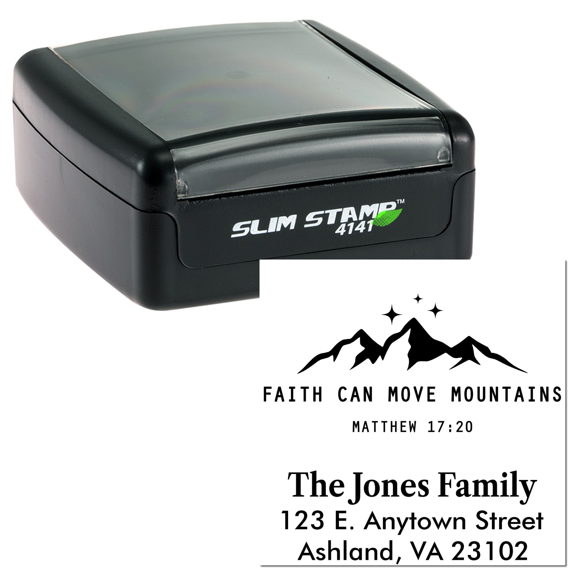 Custom self-inking rubber stamp with Bible verse Matthew 17:20 and personalized family return address imprint.