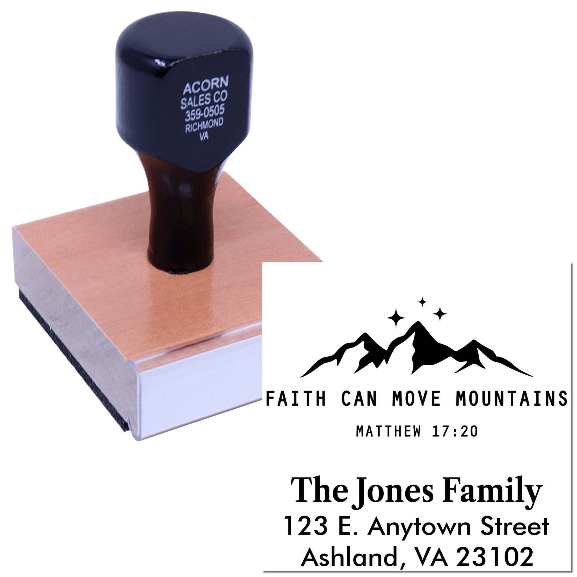 Custom return address rubber stamp with Faith Can Move Mountains design, Matthew 17:20, personalized family name and address.
