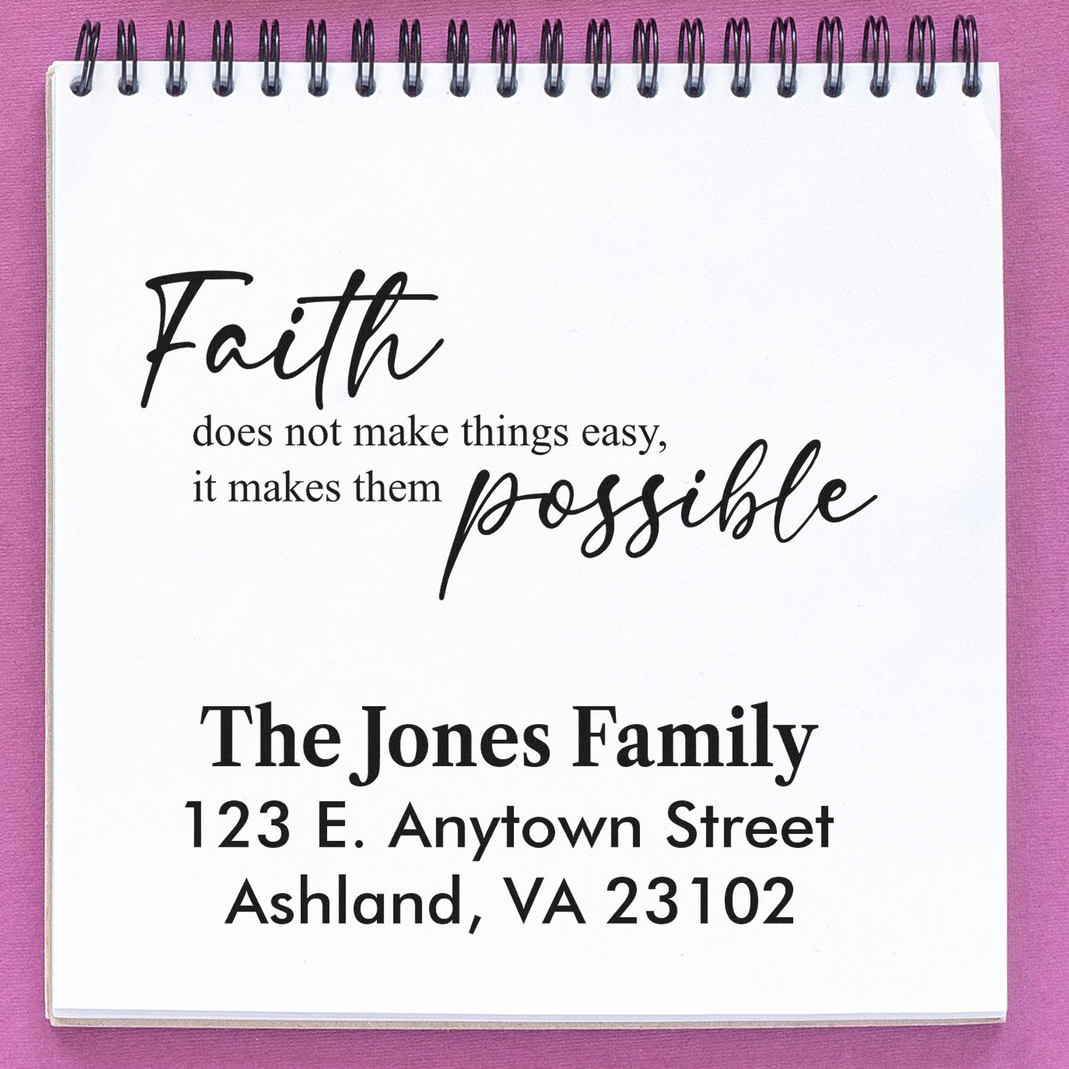Custom rubber stamp sample featuring a faith quote and family address stamp for personalized stationery and envelopes.