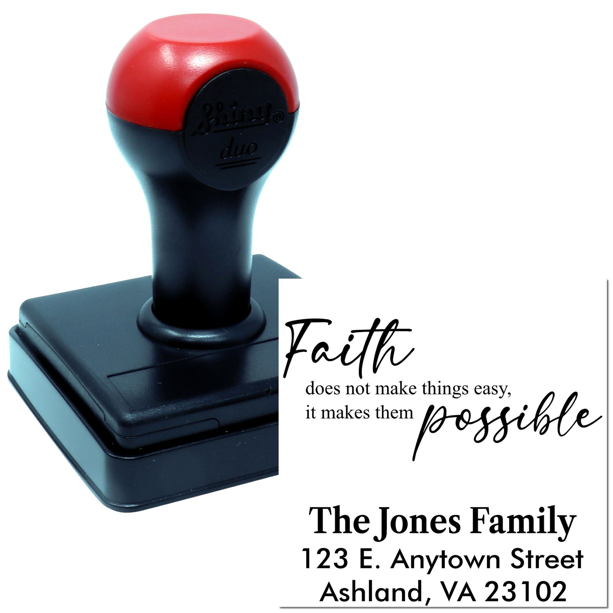 Custom self-inking address stamp with faith quote for family mailing, personalized home office and branding use.