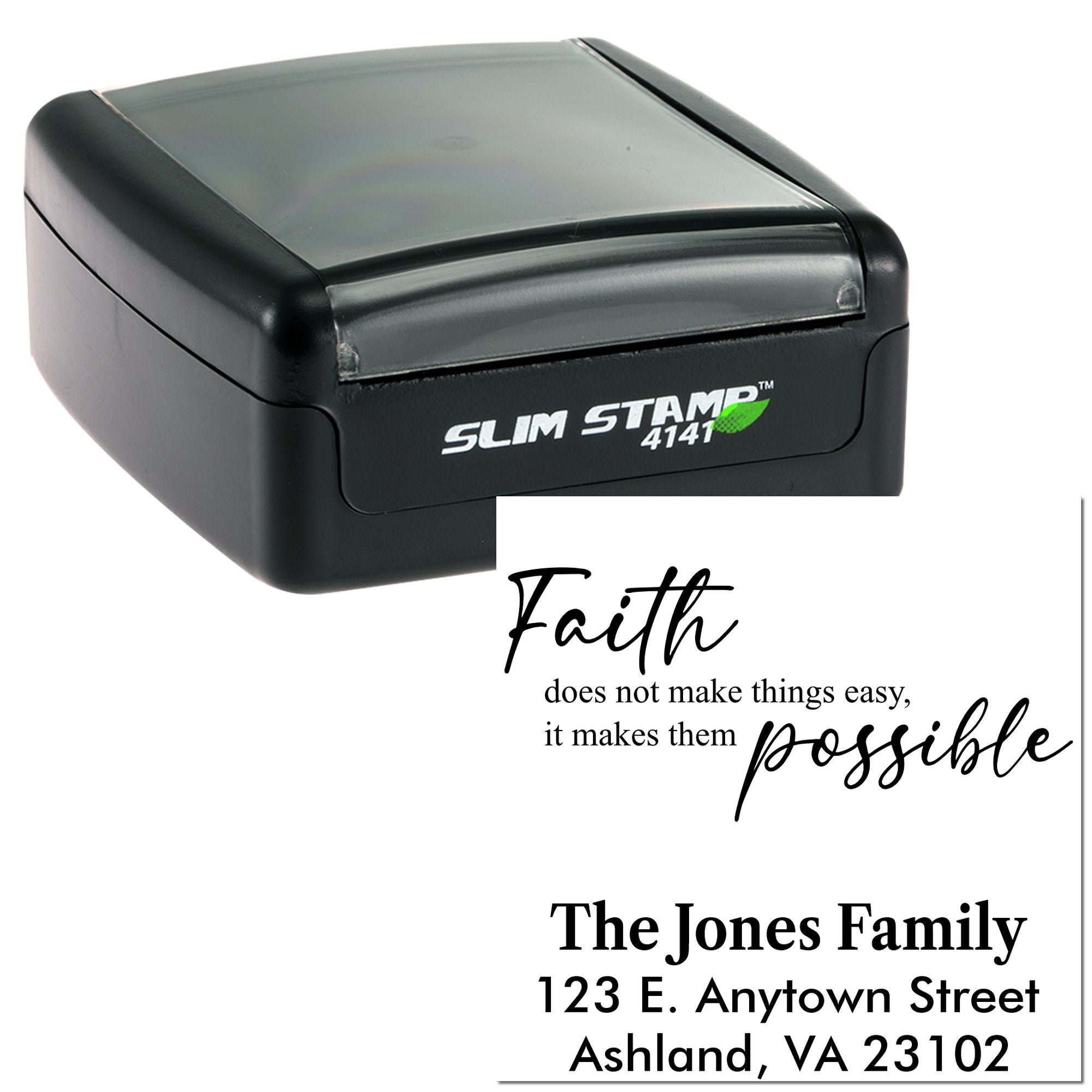 Custom self-inking rubber stamp for faith quote and address imprints, shown in Slim Stamp 4141 case.