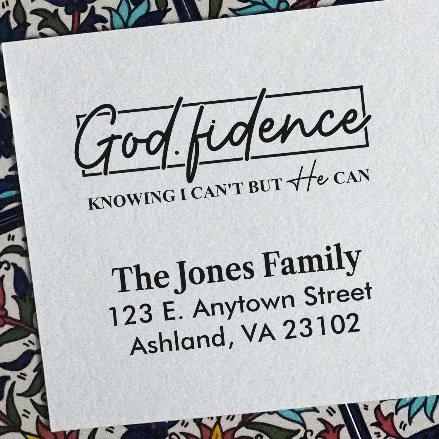 Faith-based custom rubber stamp design with God-fidence quote and return address for personalized family mailings.