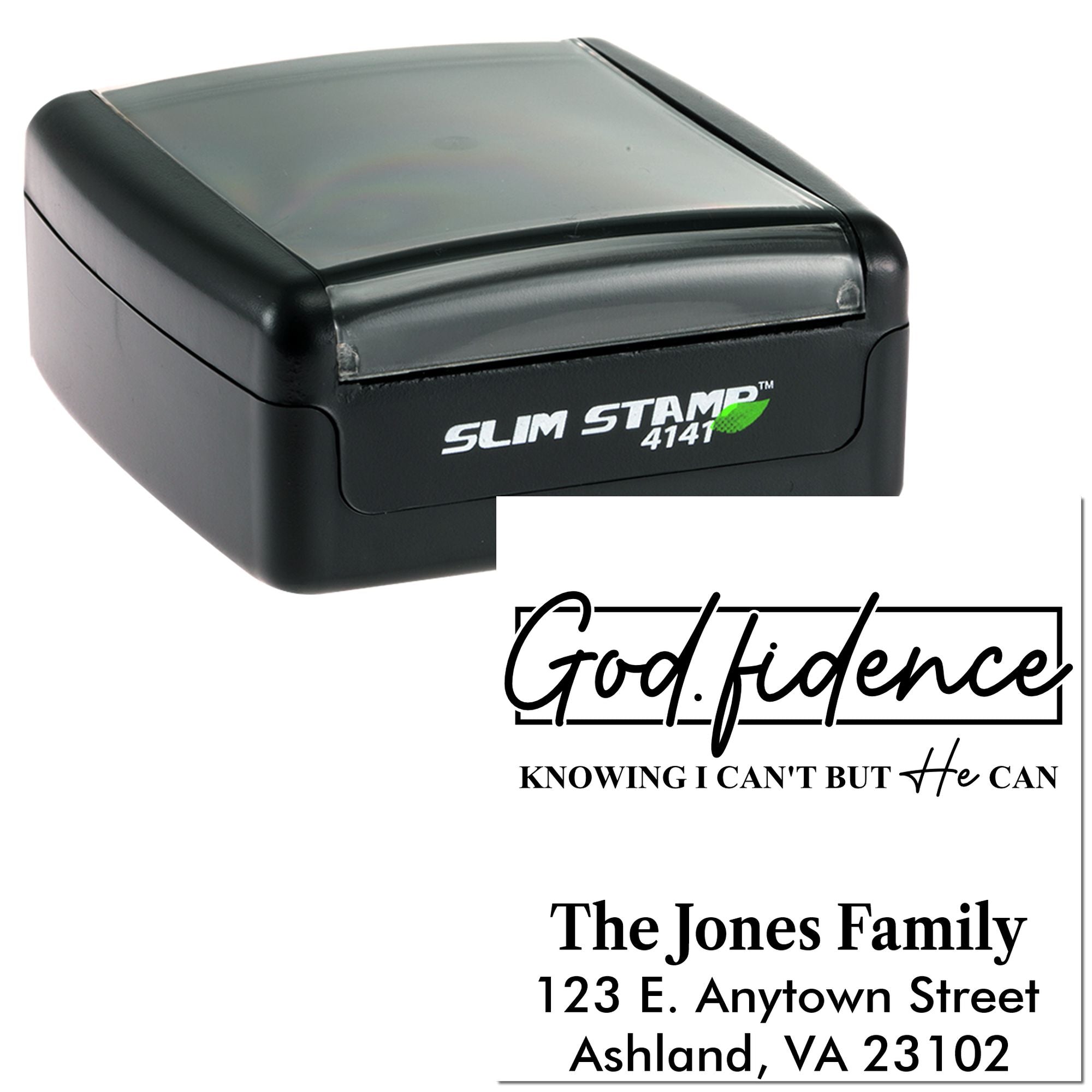 Slim self-inking rubber stamp with custom faith message and family address imprint examples for personalized stamping.