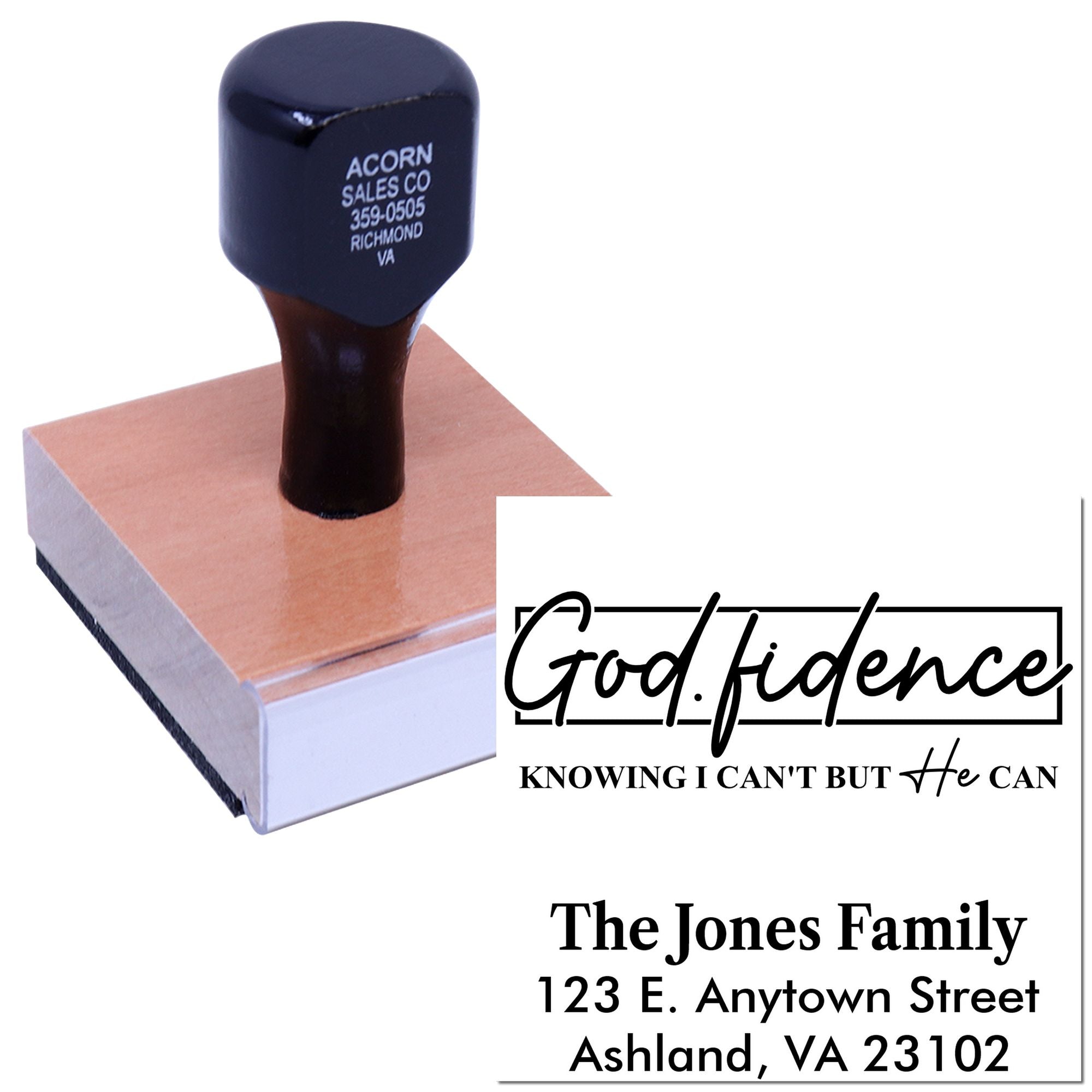 Custom rubber stamp showing faith-based family address design with God.fidence logo for personalized Christian stationery.