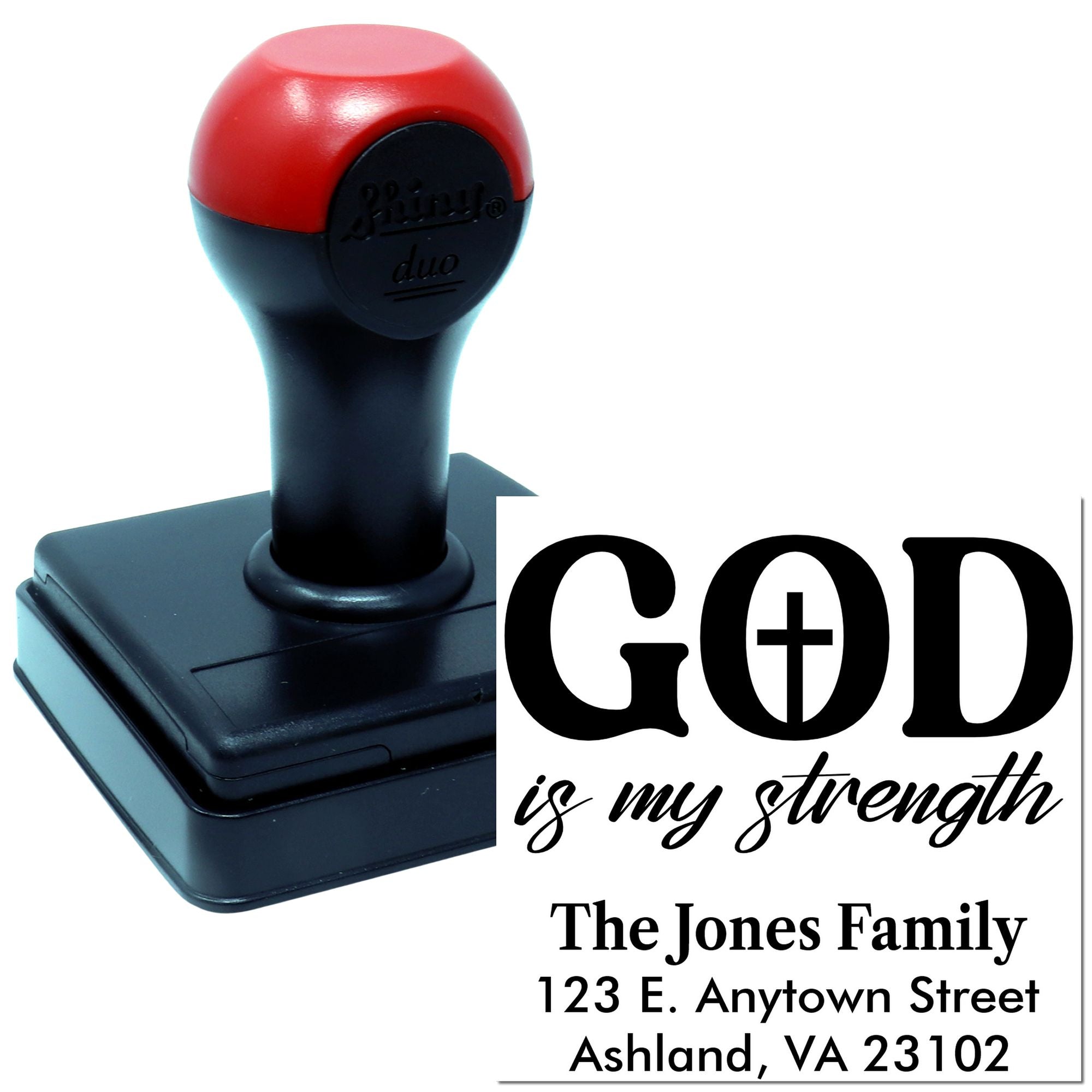 Custom self-inking rubber stamp with Christian faith design and return address, featuring God is my strength text.