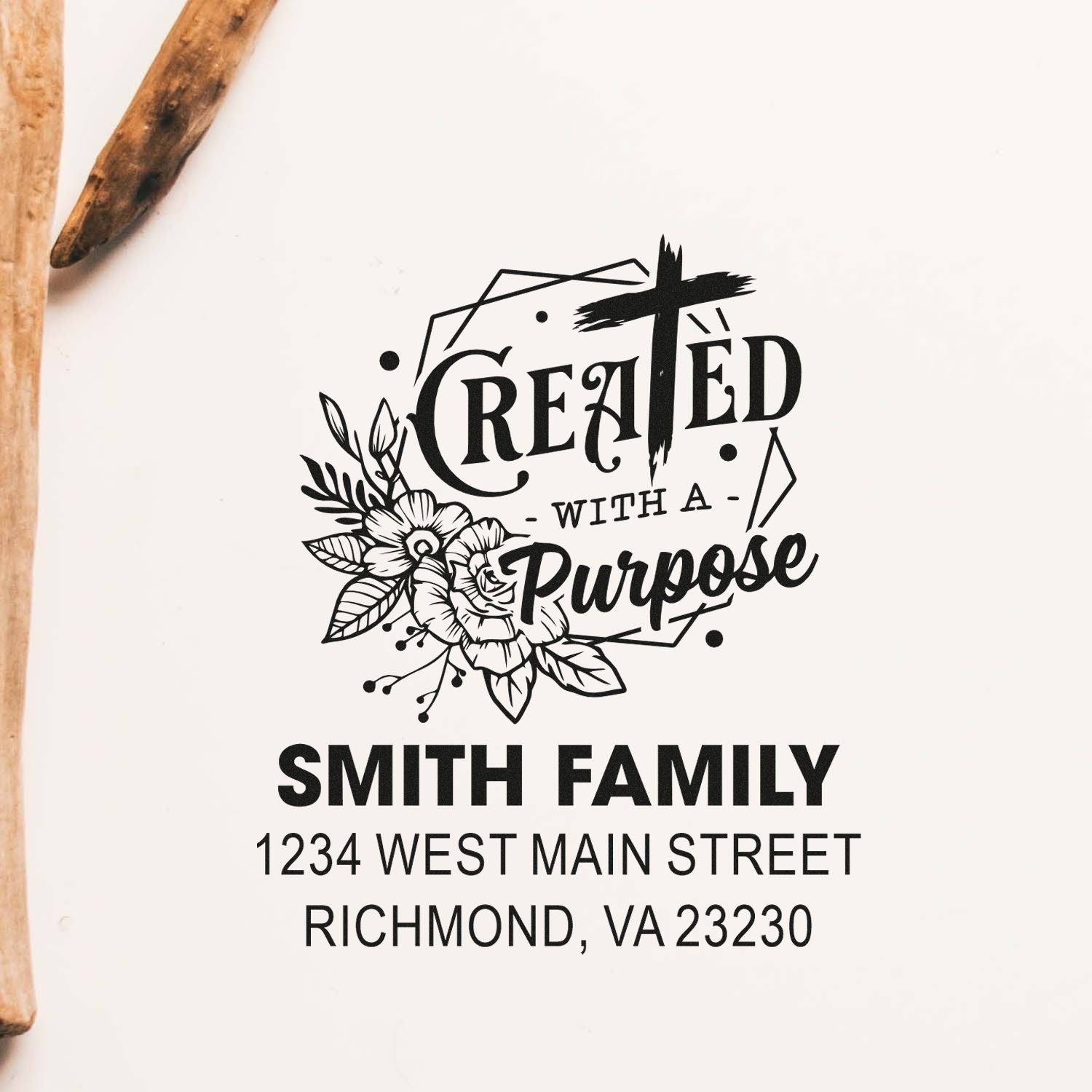 Custom Christian family return address rubber stamp with floral cross and Created with a Purpose design for Smith Family.
