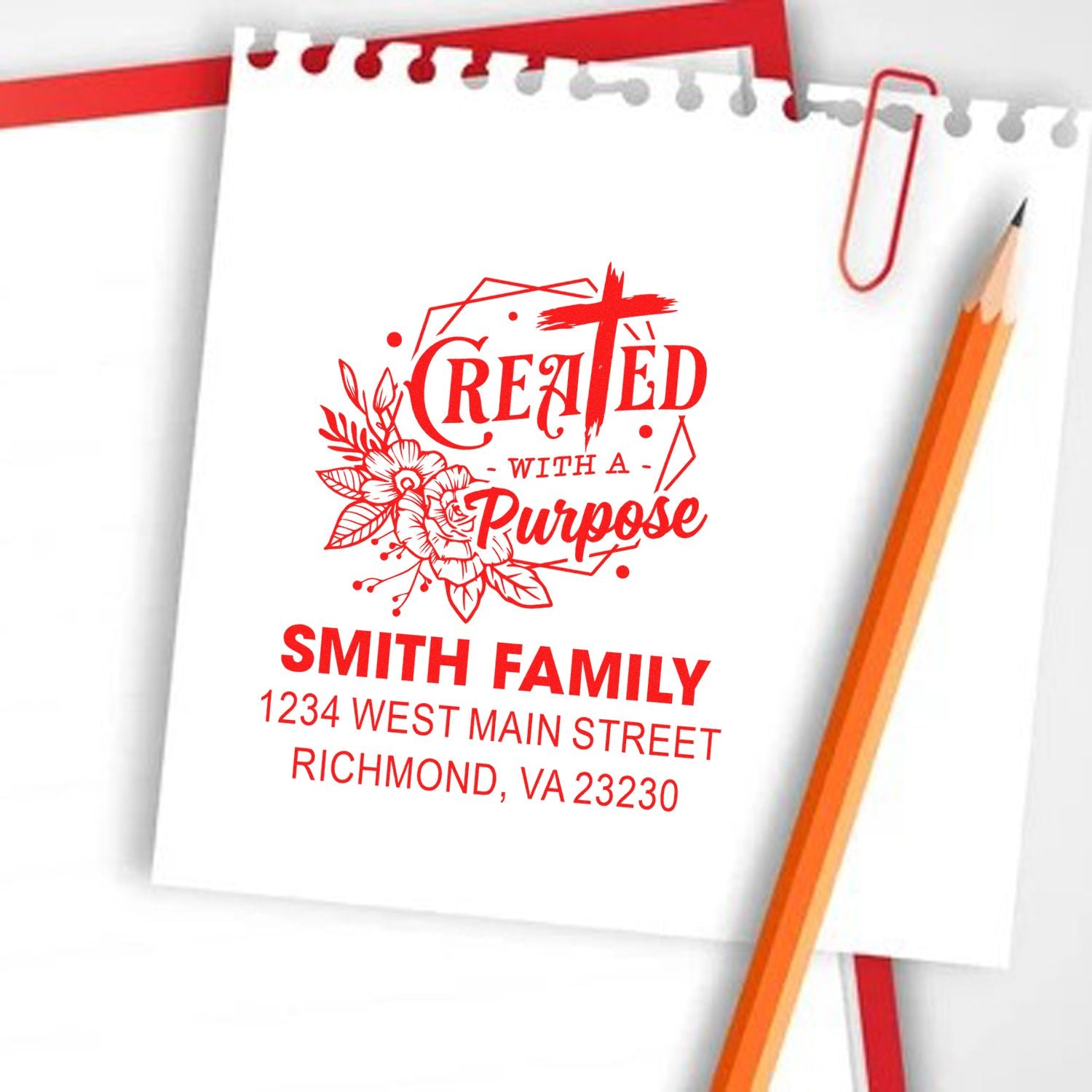 Personalized rubber stamp design reading Created with a Purpose with Smith Family address for custom stationery branding.
