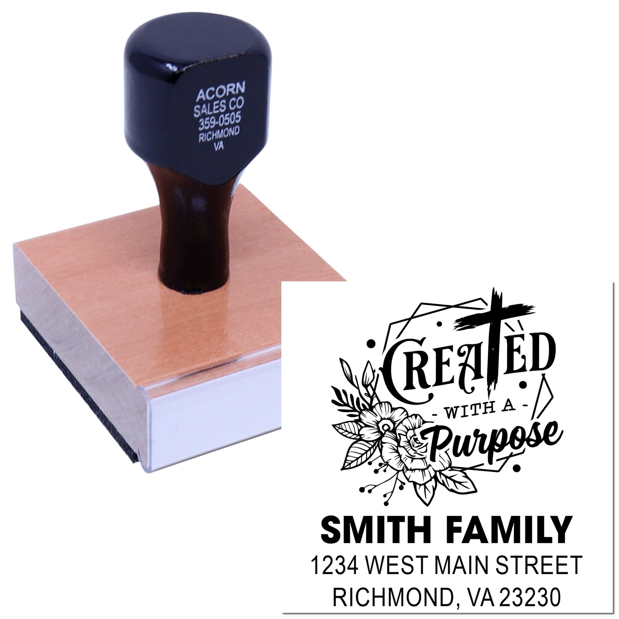 Personalized rubber stamp with custom return address design, showing a Created with a Purpose family imprint.