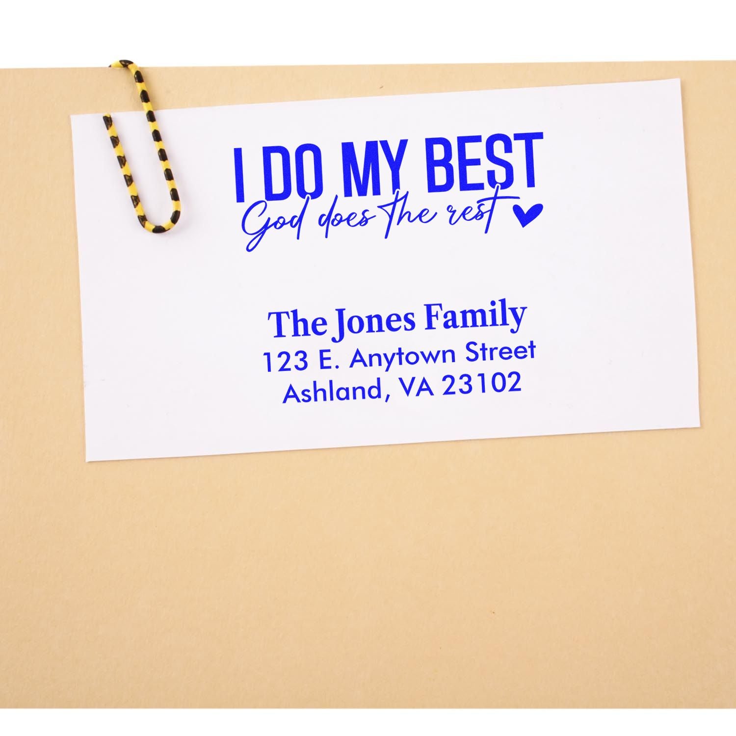 Custom religious address rubber stamp for The Jones Family, featuring I Do My Best, God Does the Rest in blue.