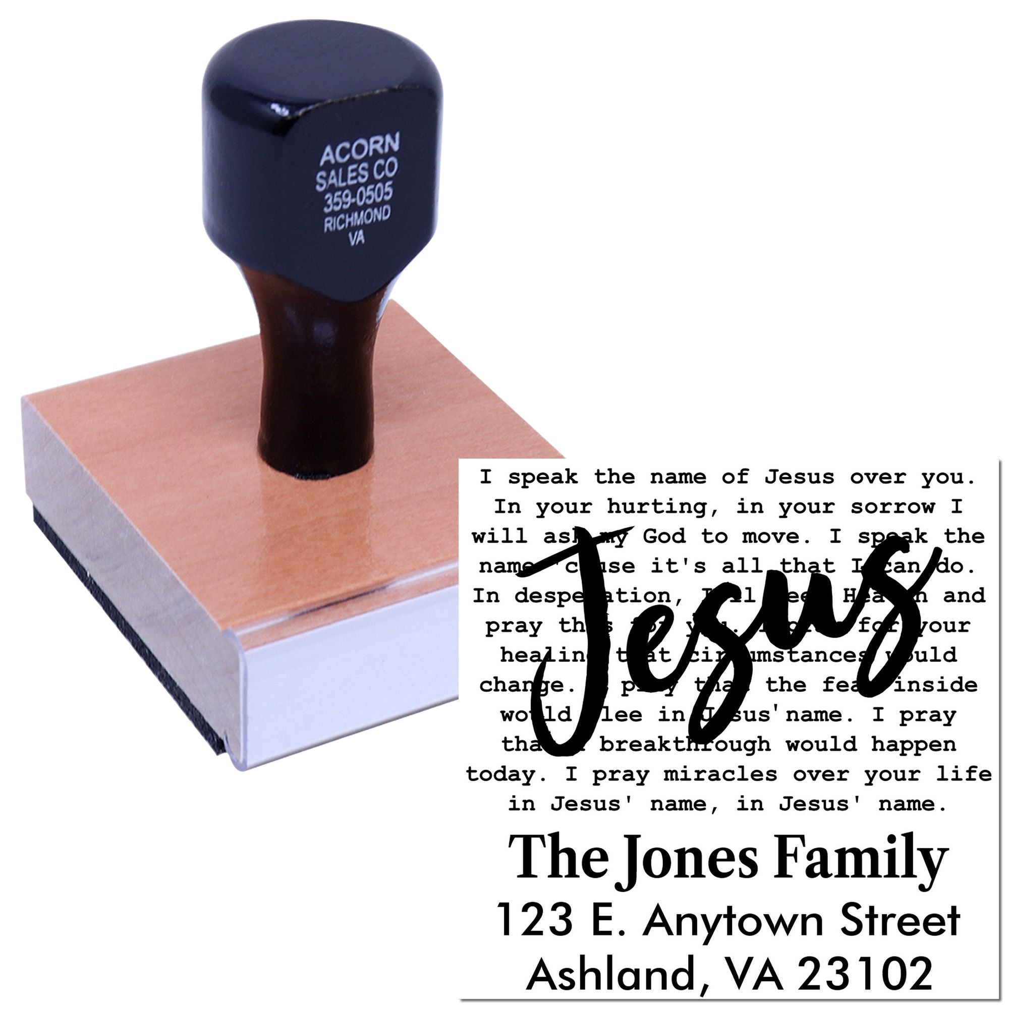 Custom rubber stamp for faith-based prayer cards, shown with a personalized Jesus imprint and return address sample.