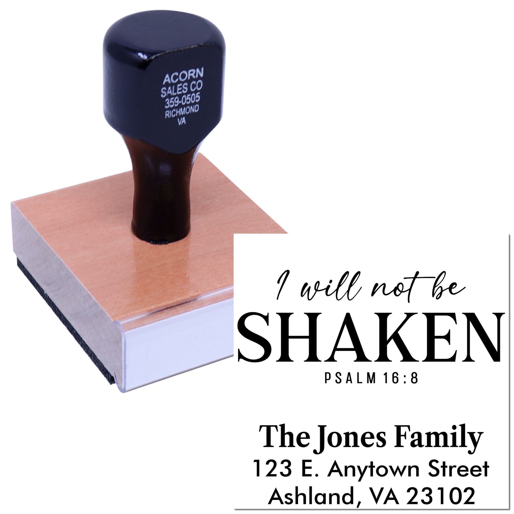 Custom rubber stamp featuring I will not be shaken Psalm 16:8 with family name and address for Christian stationery.
