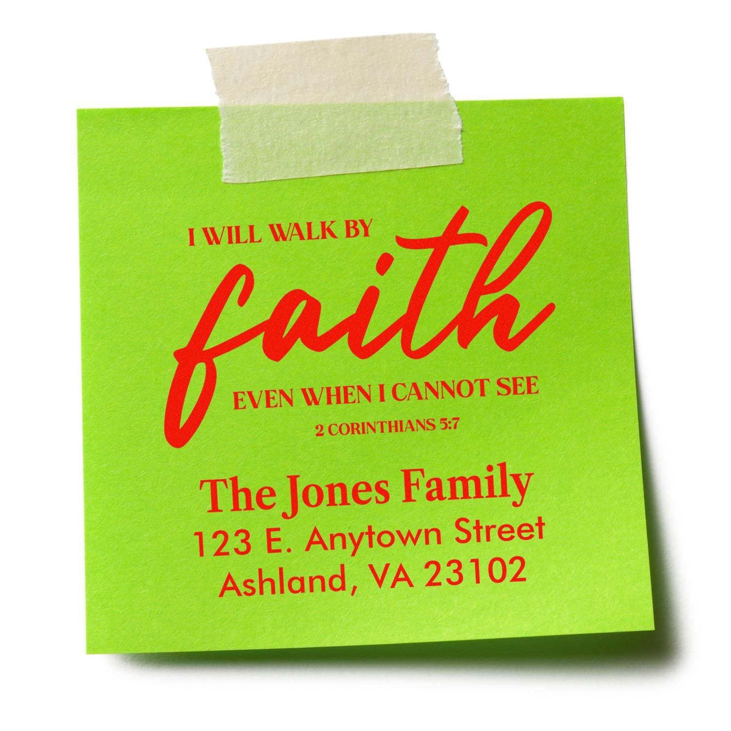 Custom faith-based rubber stamp with I will walk by faith scripture, family name, and address for envelopes and mailings